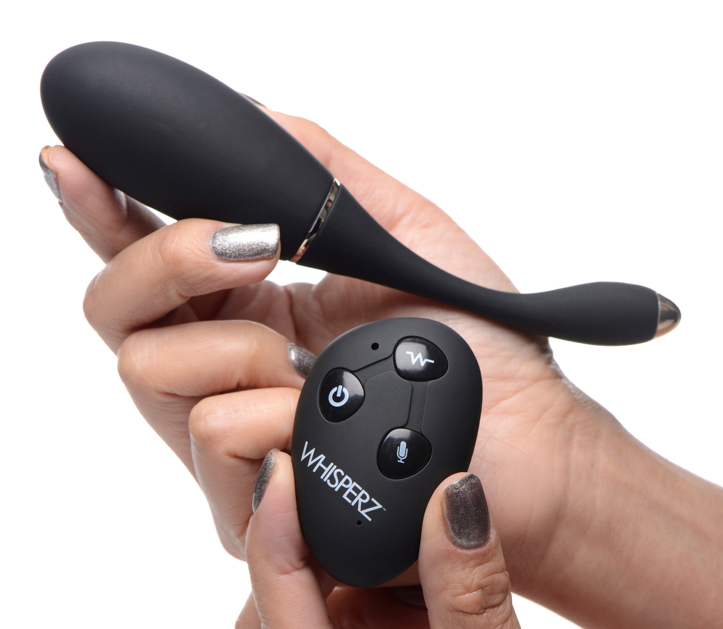 Woman demonstrating the remote control of the 10x vibrating egg