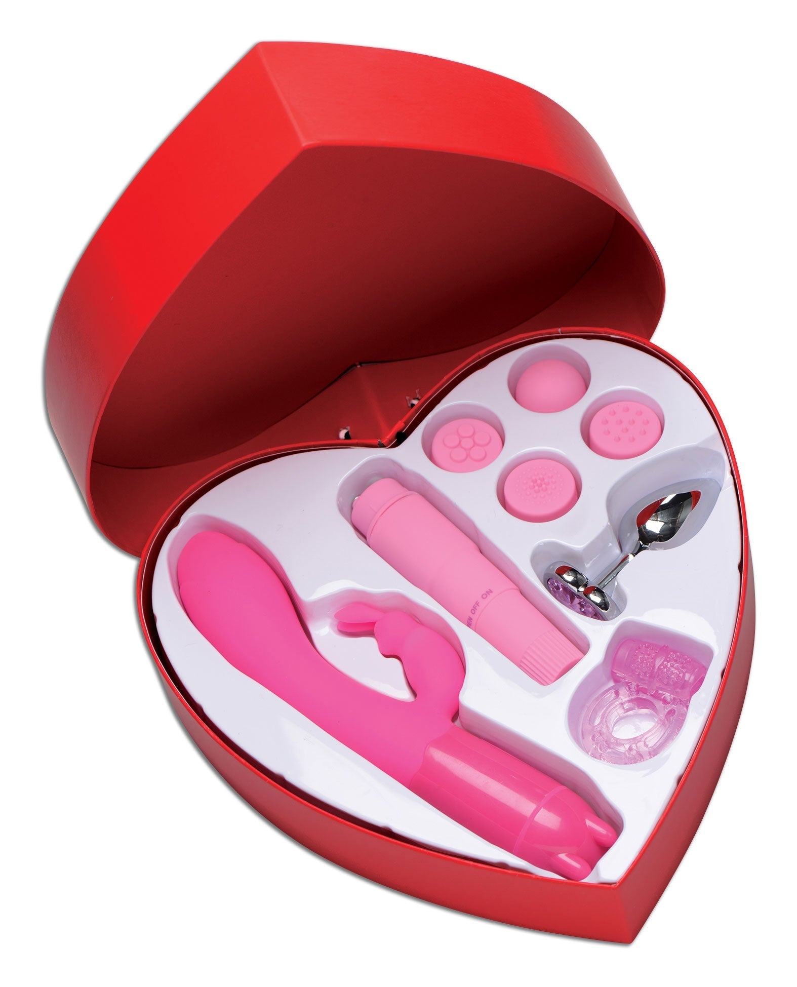 Heart-shaped gift box containing a Passion Deluxe Kit with a pink vibrator and accessories