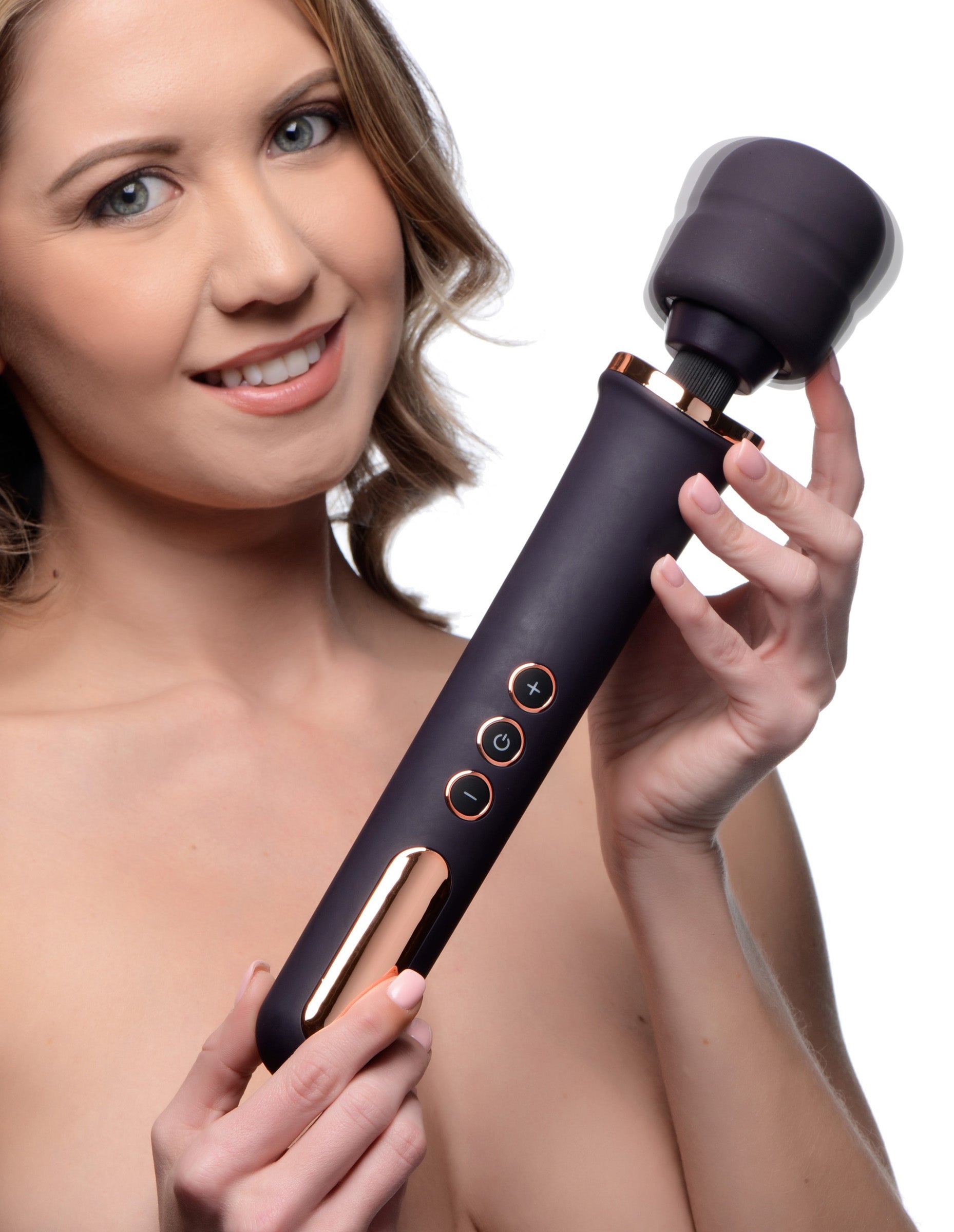 Woman demonstrating how to hold the Scepter 50x Silicone Wand Massager