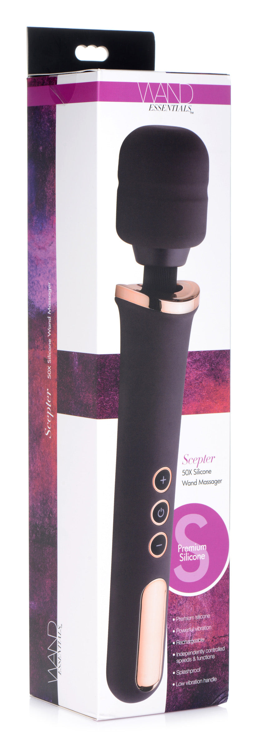 Scepter 50x Silicone Wand Massager in its original packaging with black and pink accents