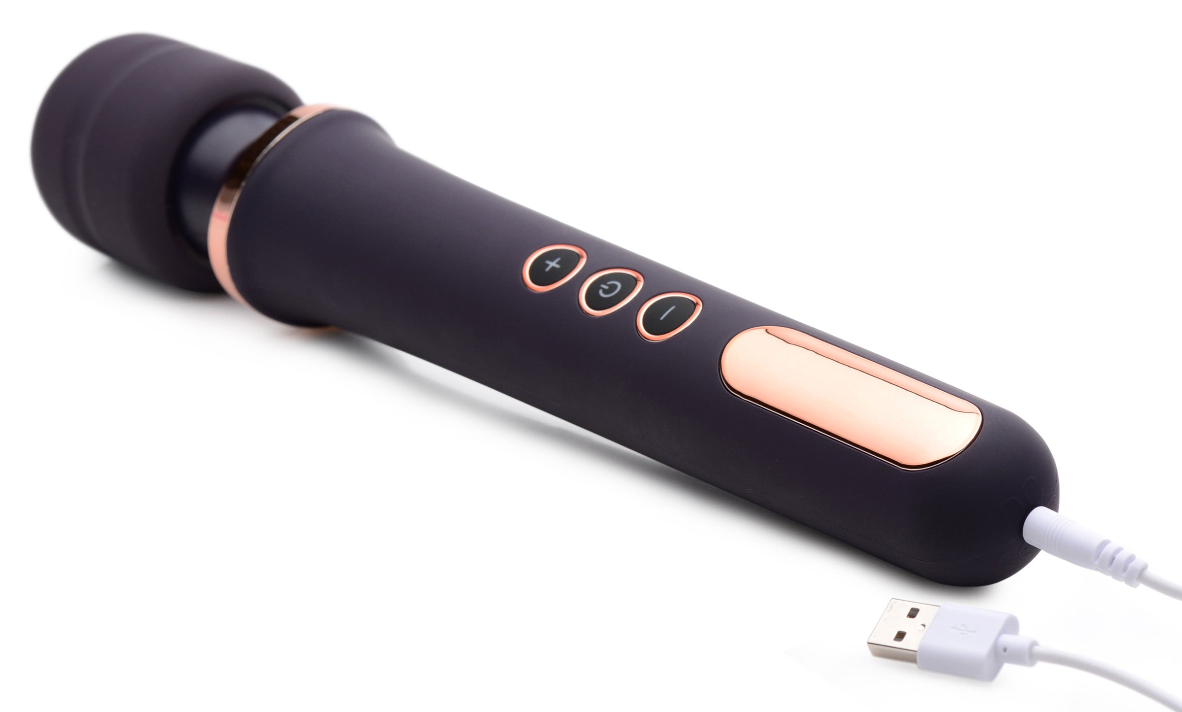 Rose gold and black Scepter 50x Wand Massager next to its USB charging cable