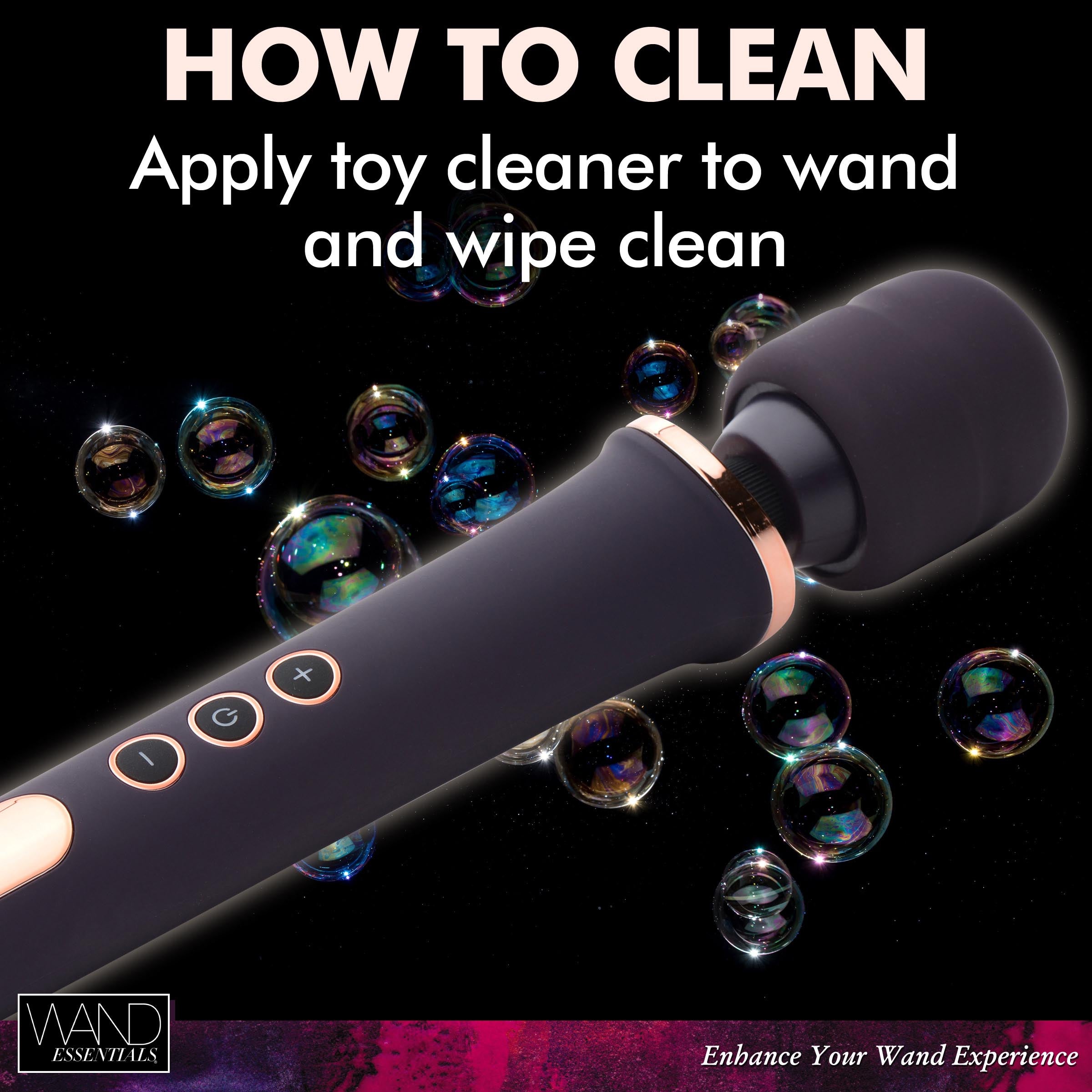 Instructional image on the maintenance and cleaning of the Scepter 50x Wand Massager