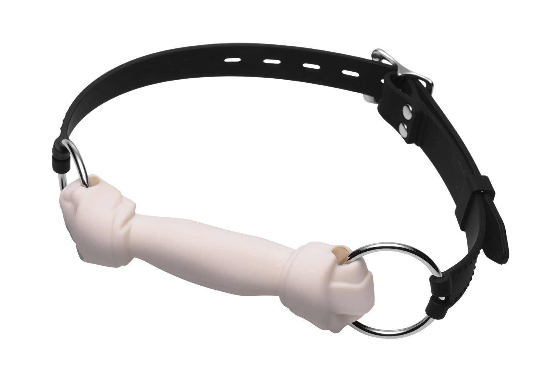 A white puppy collar featuring a black attachment ring