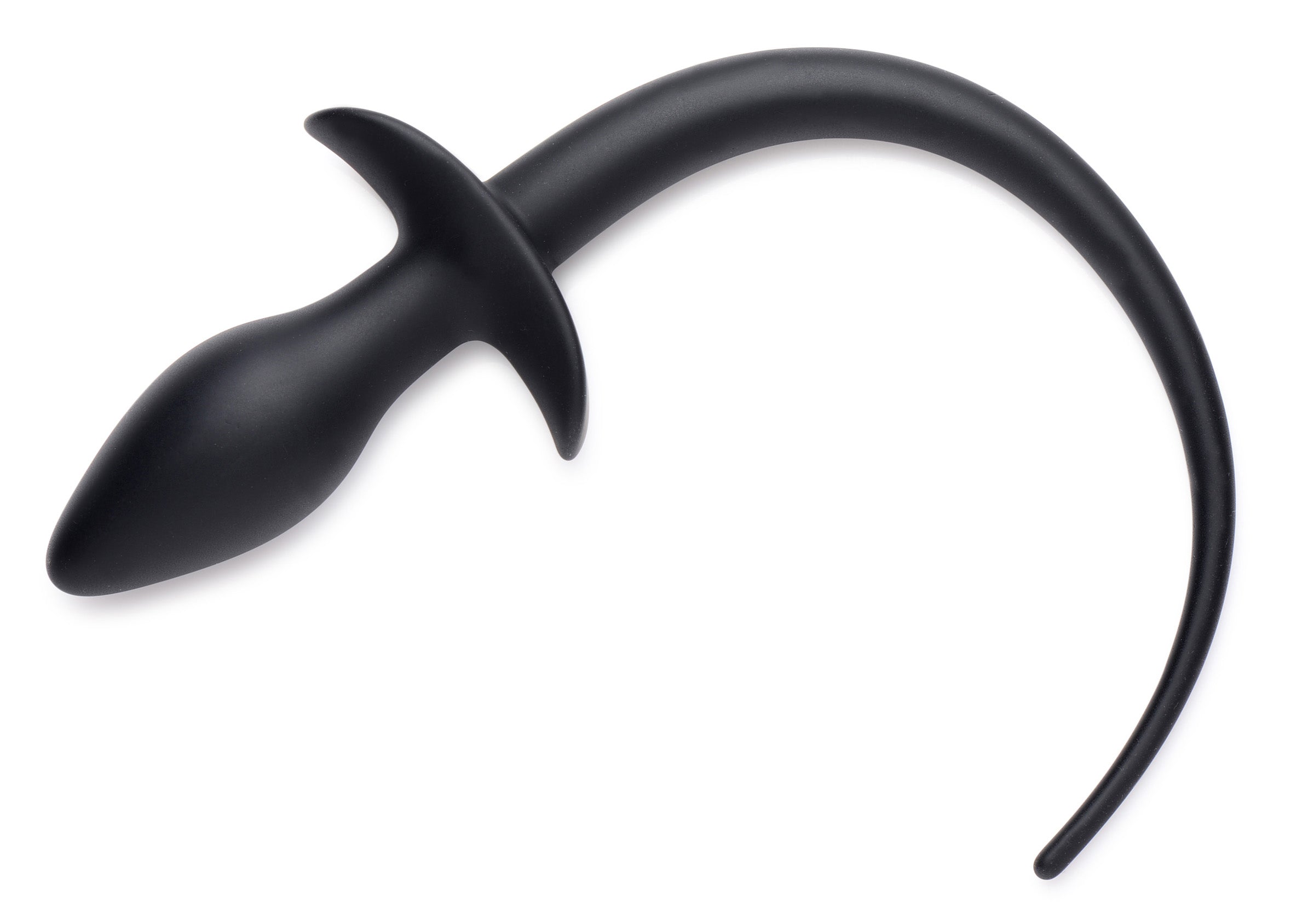 A toy designed for puppy play set resembling a black bone with a tail