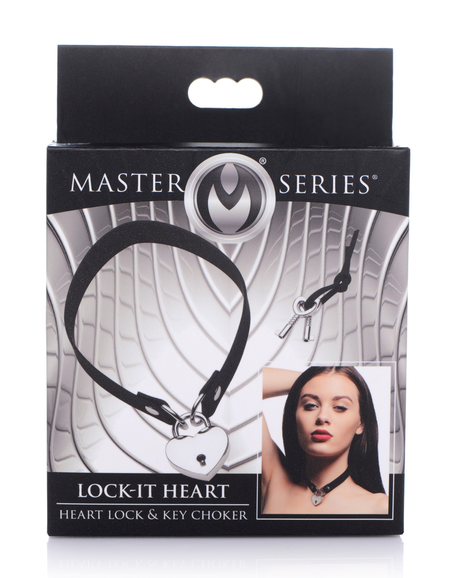 Close-up of the Lock-it Heart Choker with key and heart-shaped lock