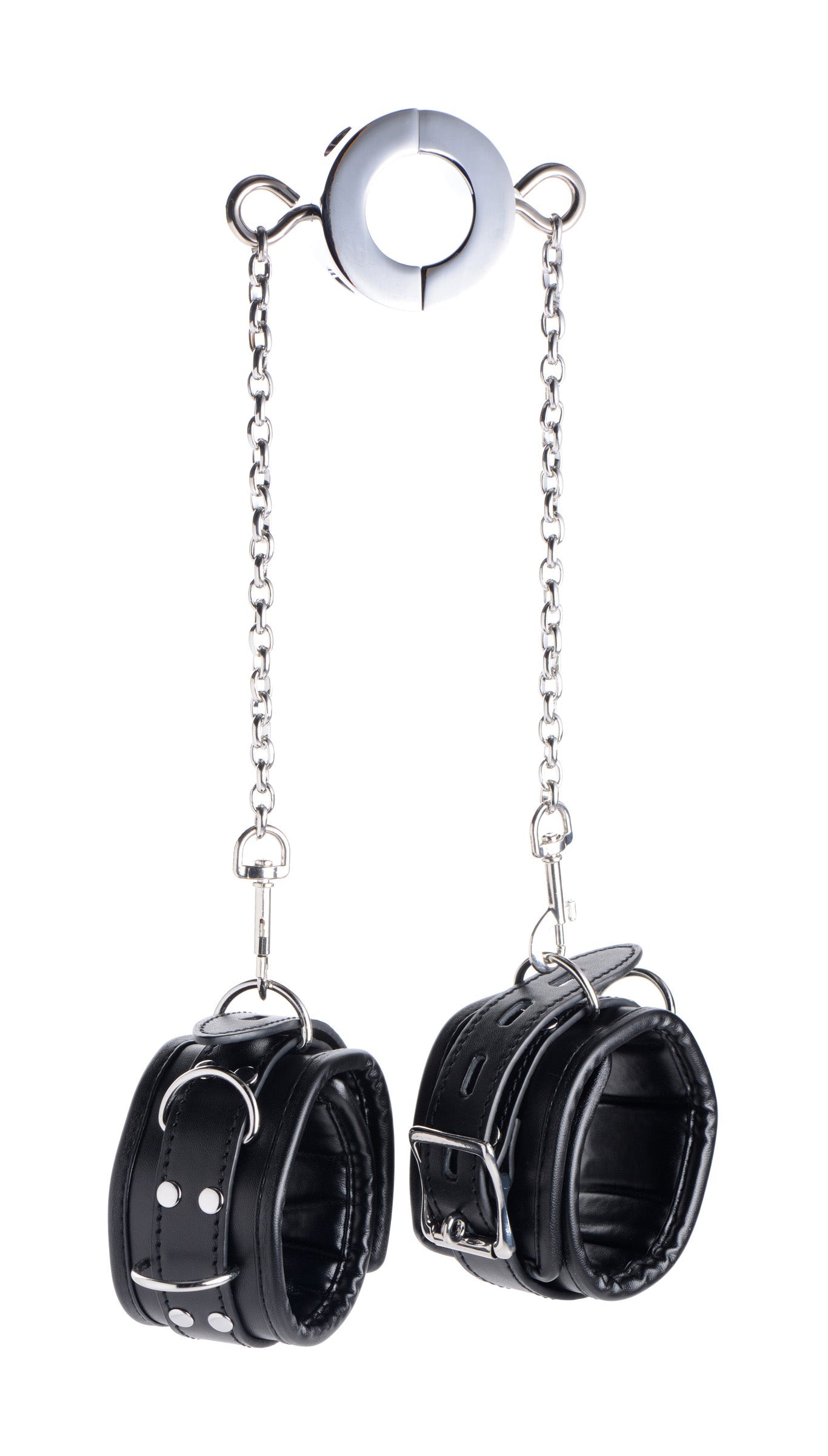 Close-up of the Hells Tether Ball Stretcher Humbler with black leather cuffs and attached chains