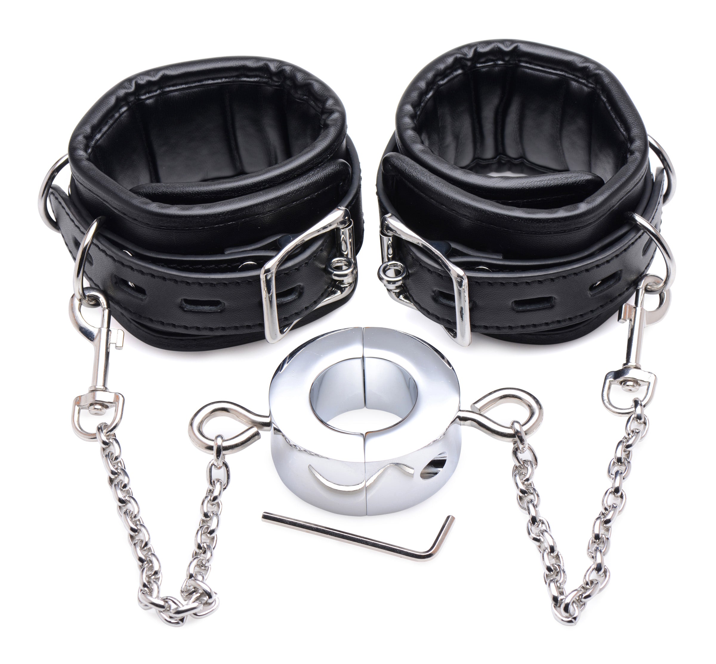 Detail view of the Hells Tether Ball Stretcher Humbler featuring black leather cuffs and connecting chains