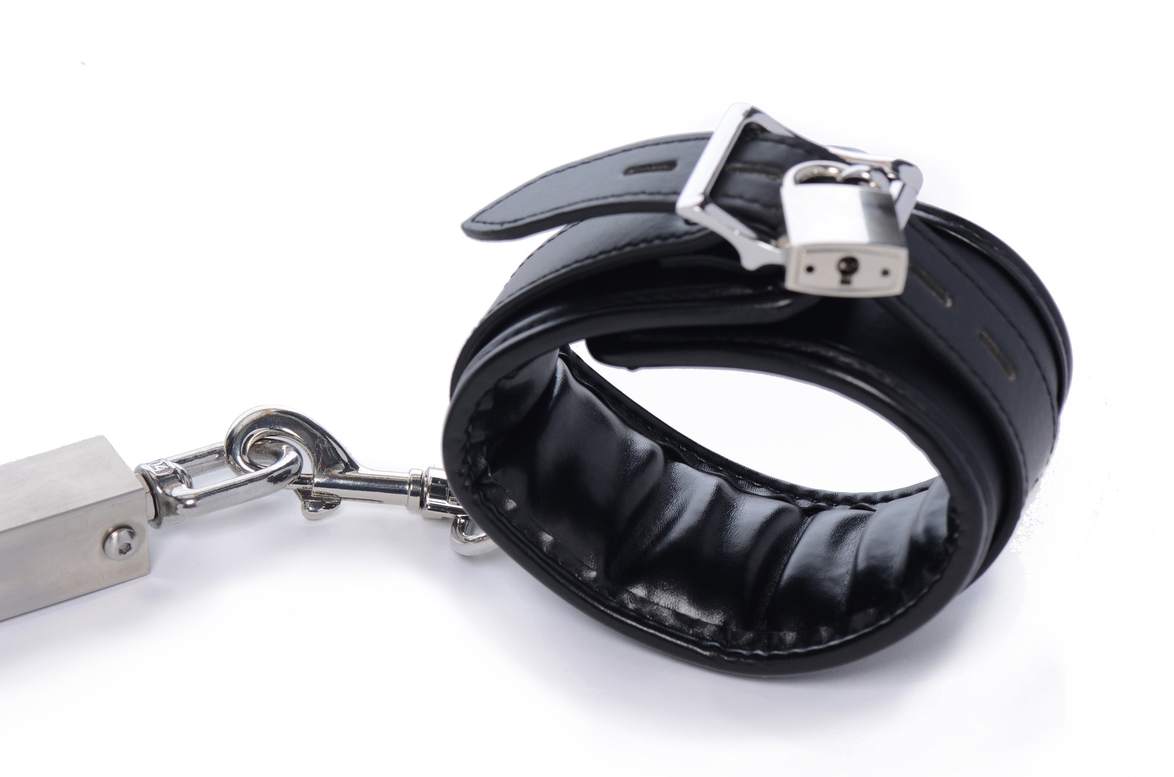 Single black leather cuff with a metal locking mechanism from the squat anal impaler