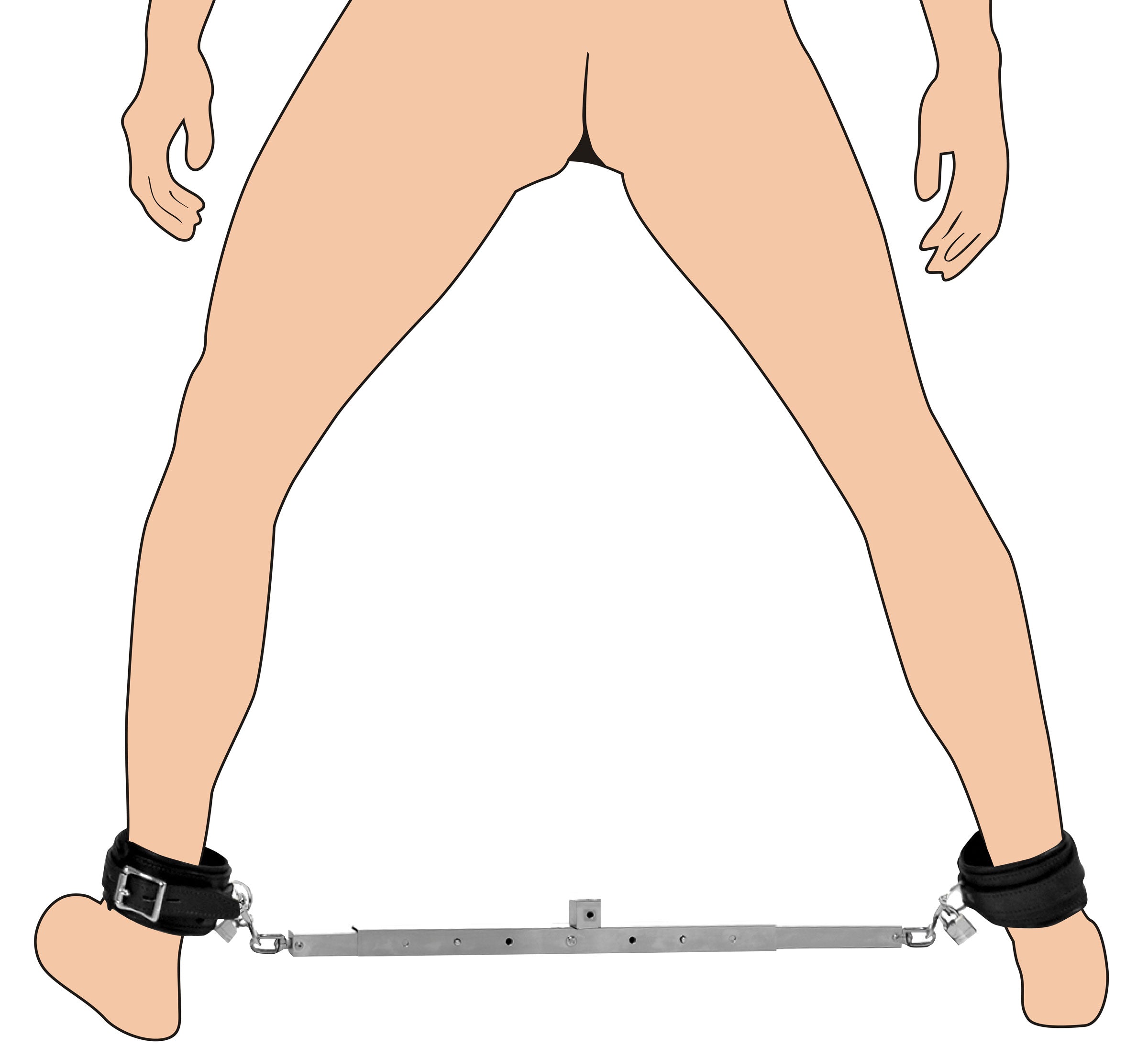 Male model demonstrating the use of the squat anal impaler with legs on the metal bar