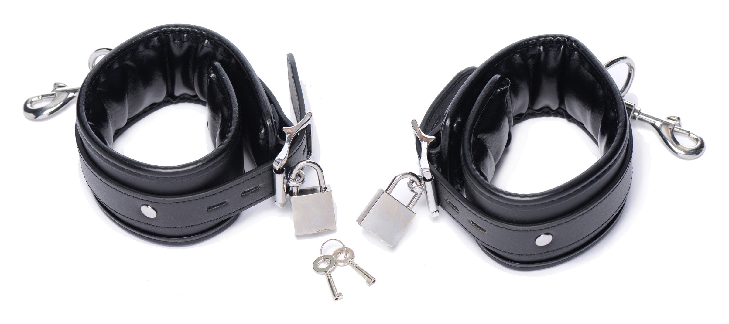 Pair of black leather cuffs with keys designed for the squat anal impaler set