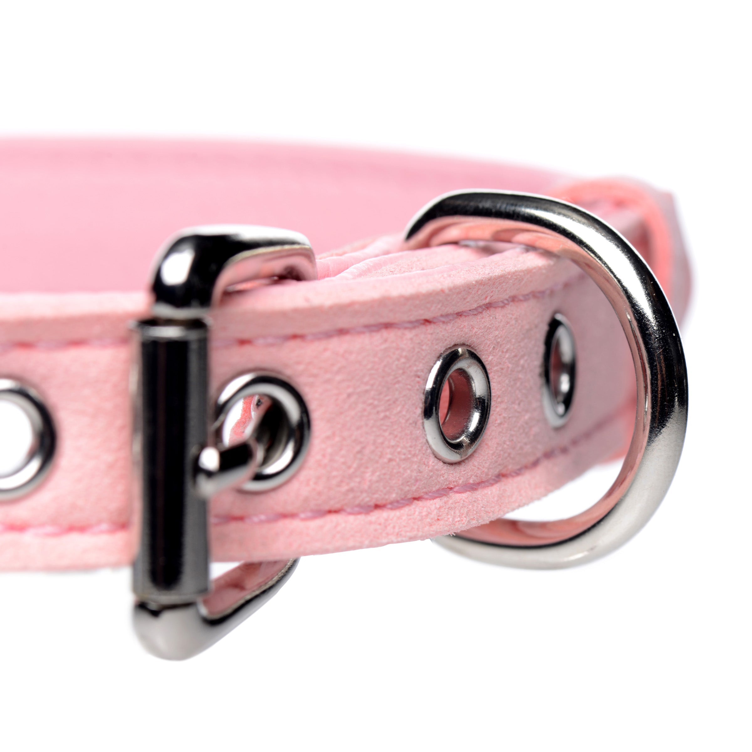 Detail of the pink and silver Sugar Kitty cat collar with secure metal buckles