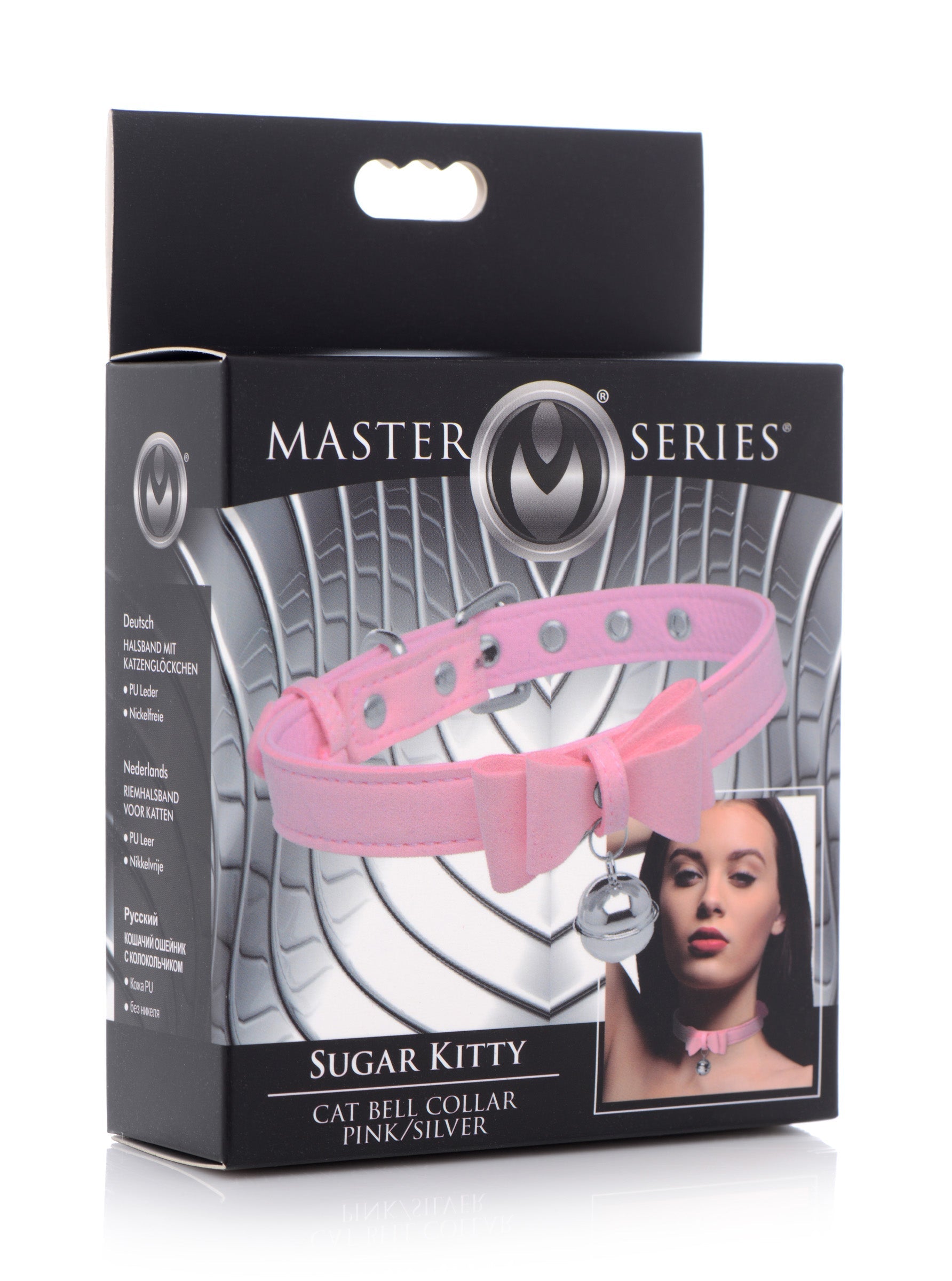 Close-up view of the Sugar Kitty Cat Bell Collar in pink and silver