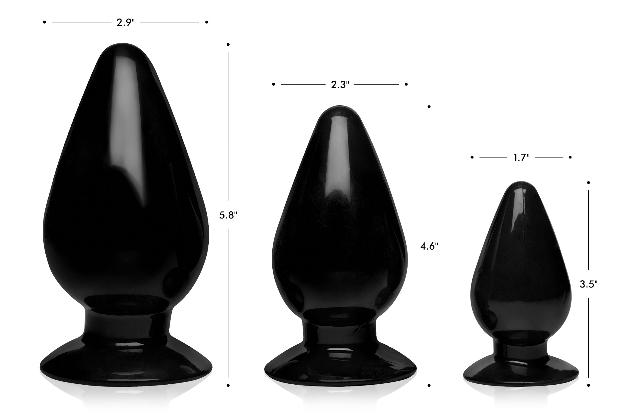 Black anal plug set with size dimensions displayed