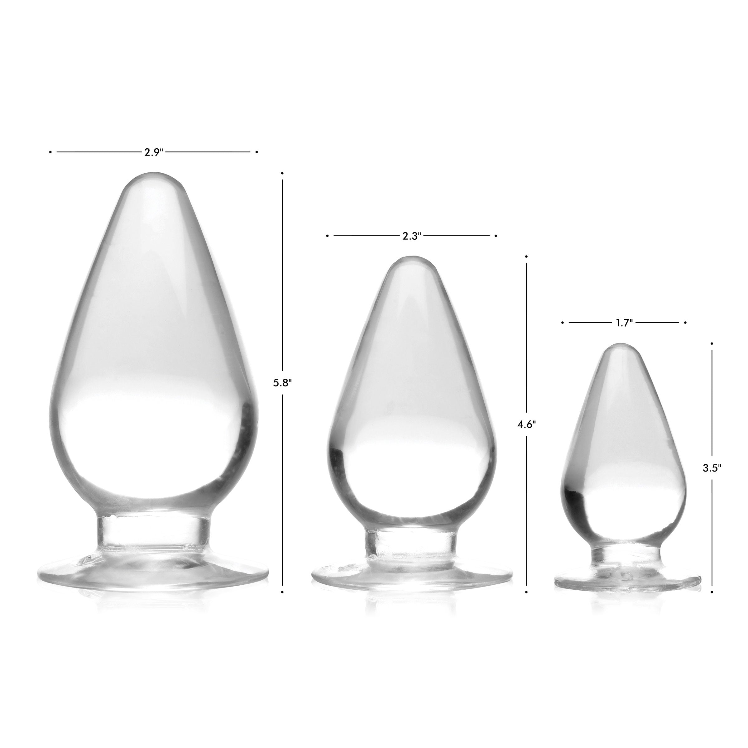 Single glass anal plug from the Triple Cones set with size indicator