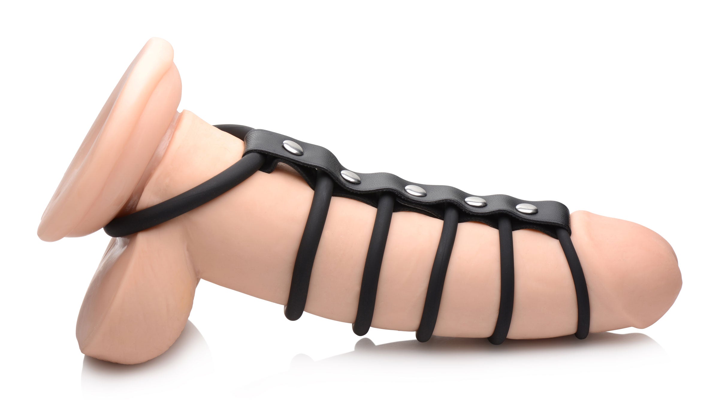 Silicone chastity device with six rings in black color