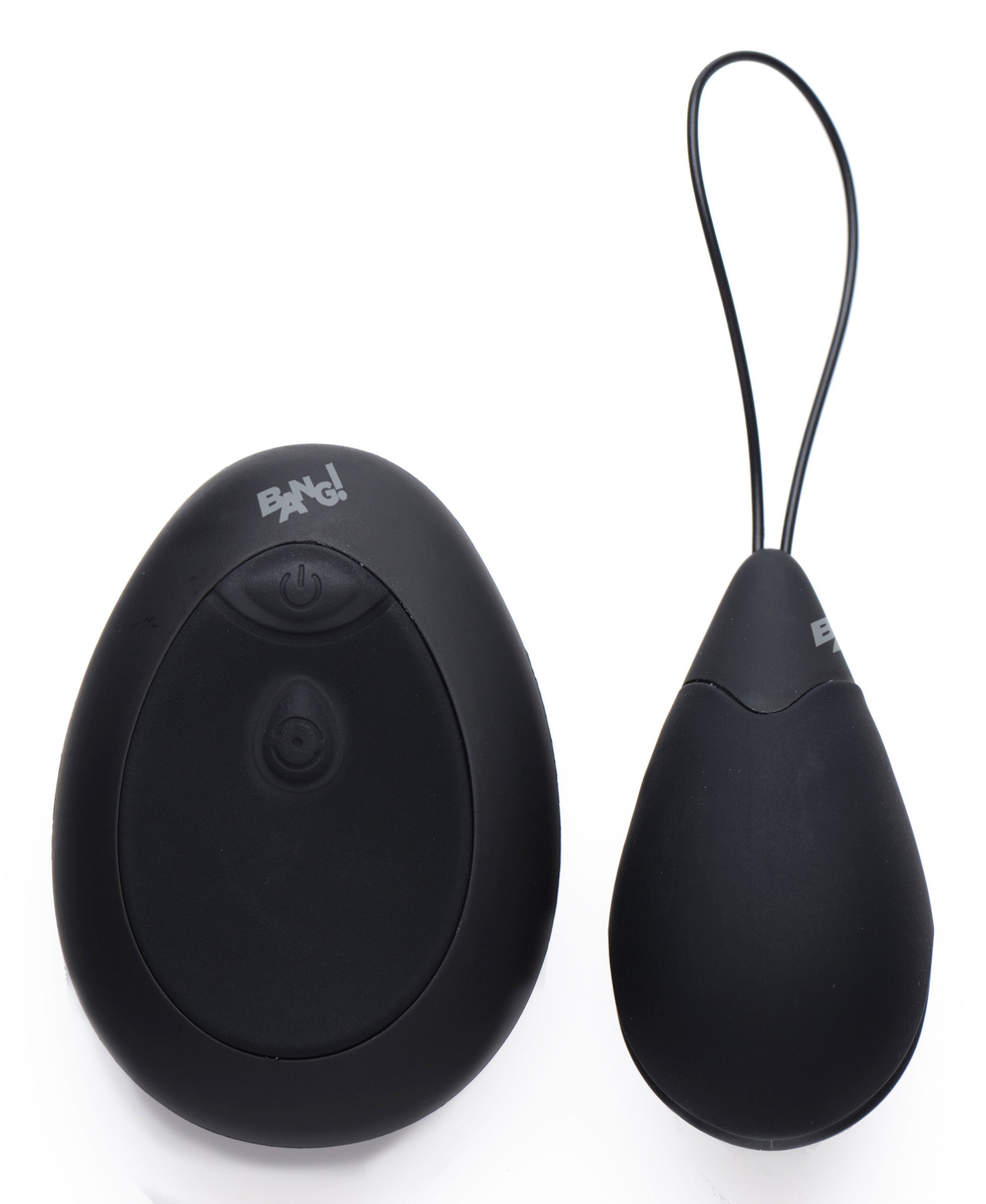 Close-up of a black silicone vibrating egg with a pull cord