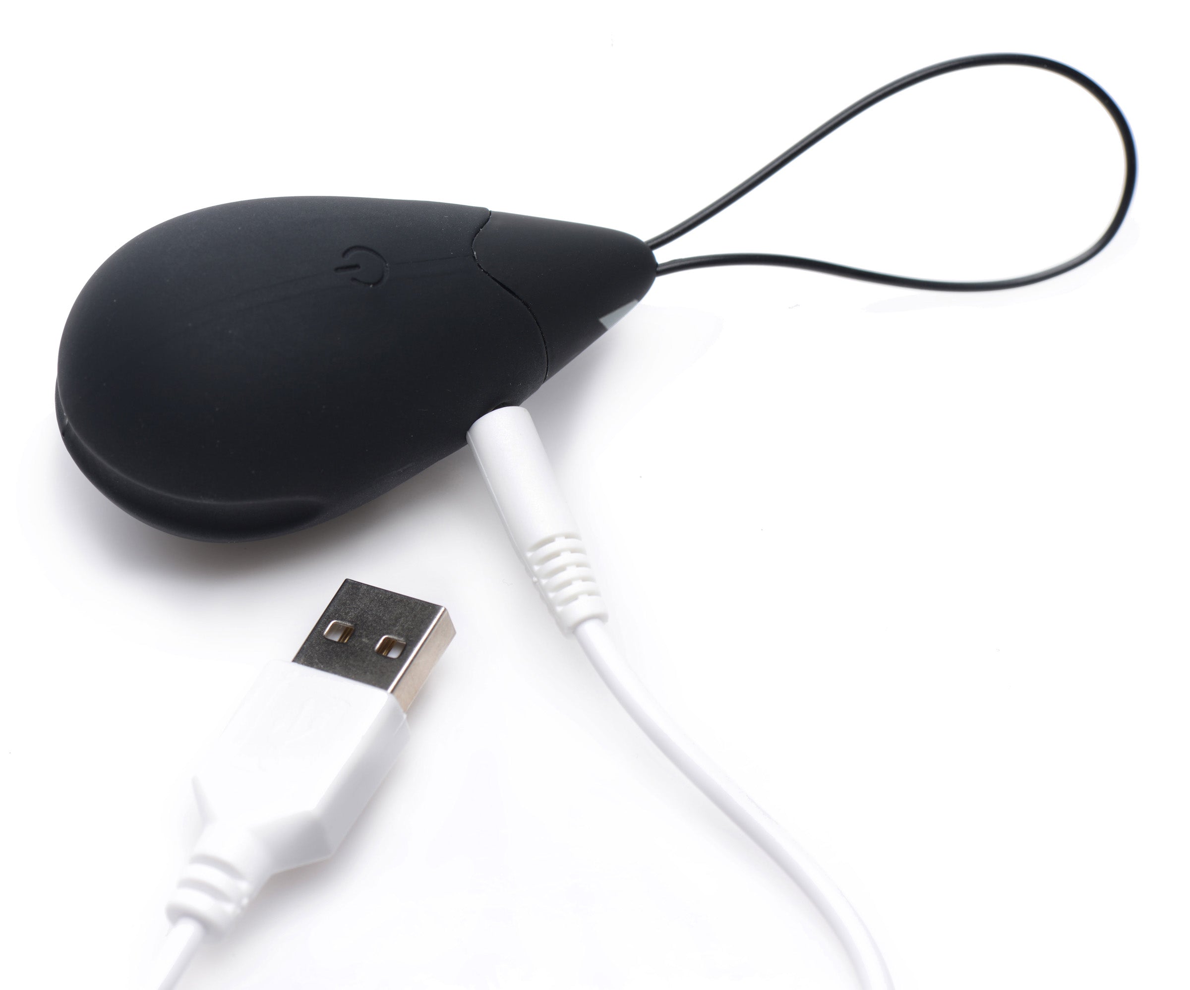 A black and white USB charging cable for a silicone vibrating egg