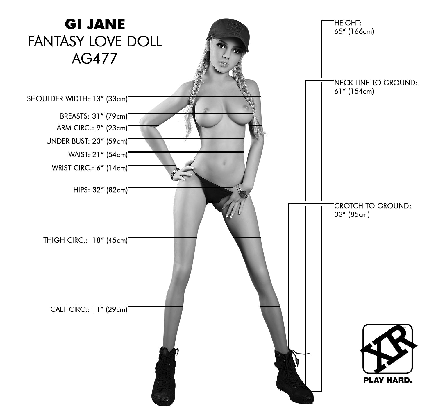 Detailed view of the 'Gi Jane Fantasy Love Doll' with marked dimensions