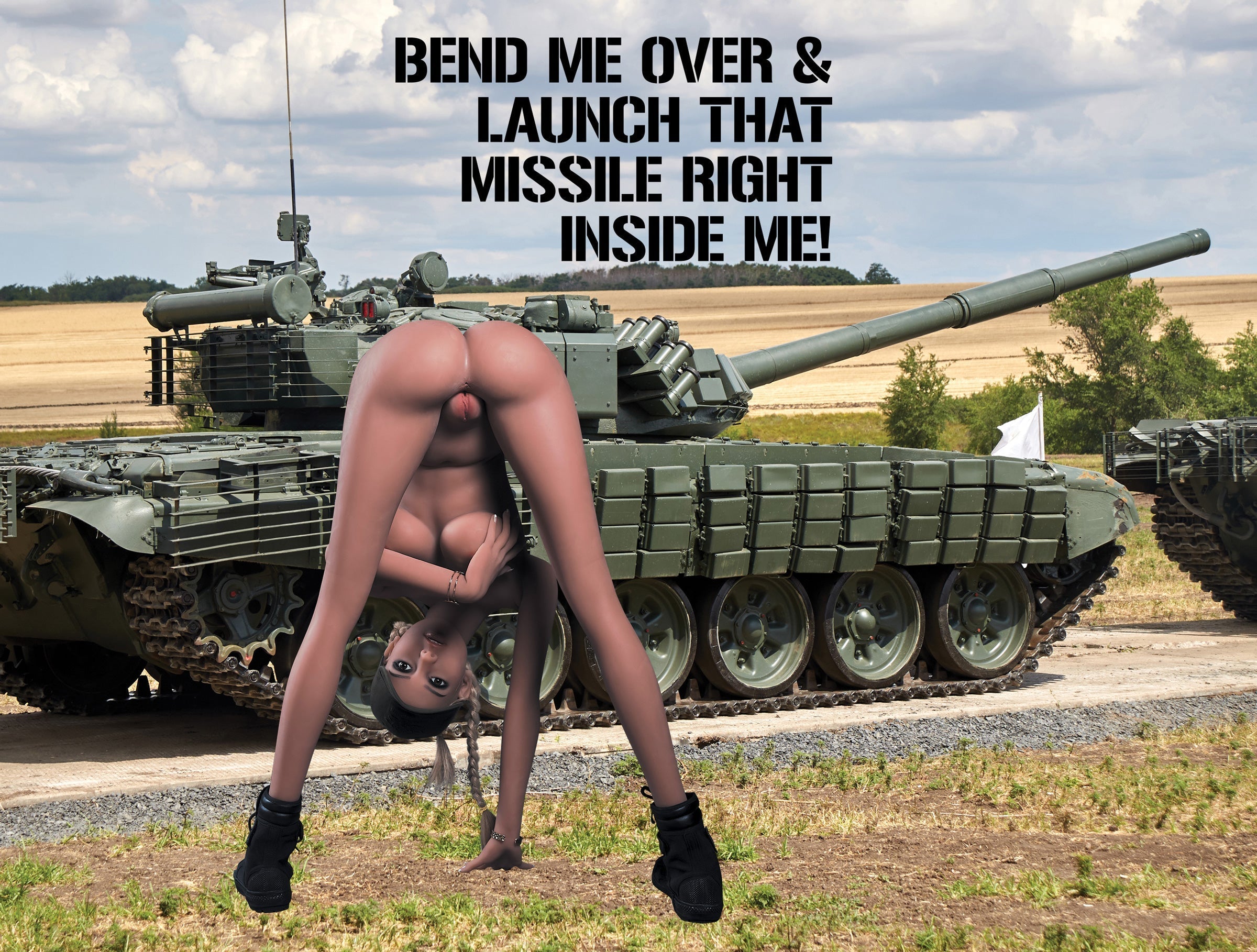 'Gi Jane Fantasy Love Doll' in a military-themed pose in front of a tank backdrop