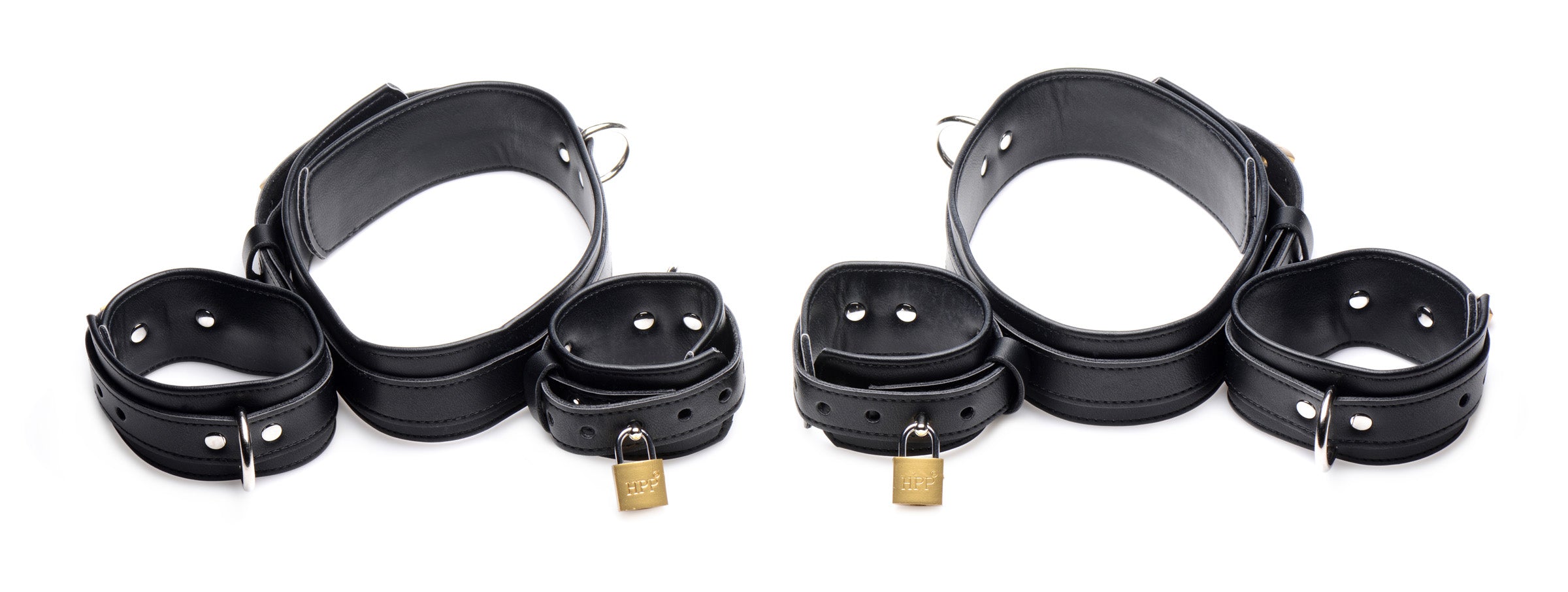 Black leather wrist cuffs with secure metal fastenings from the Frog-tie Restraint Set