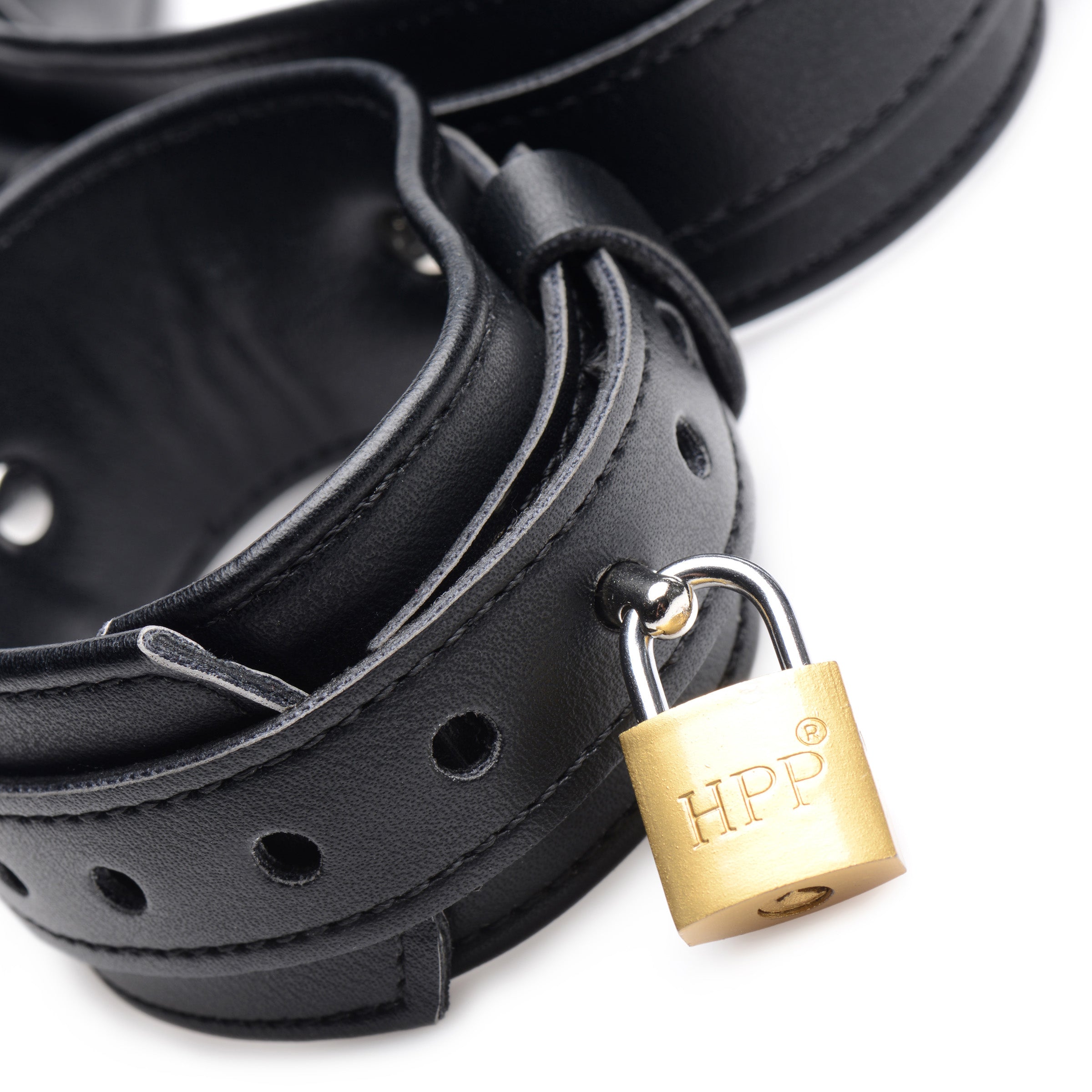 Leather collar with padlock from the Frog-tie Restraint Set displayed against a plain background