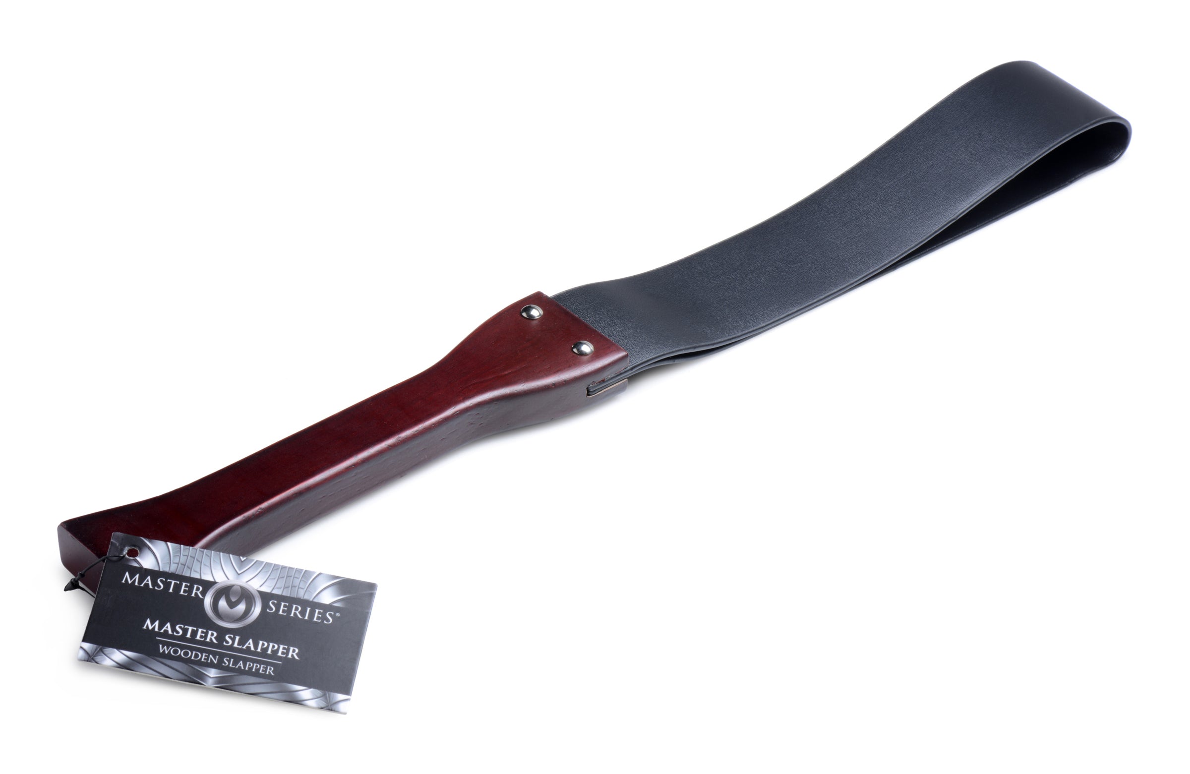 The wooden slapper with a black and red leather finish and product tag