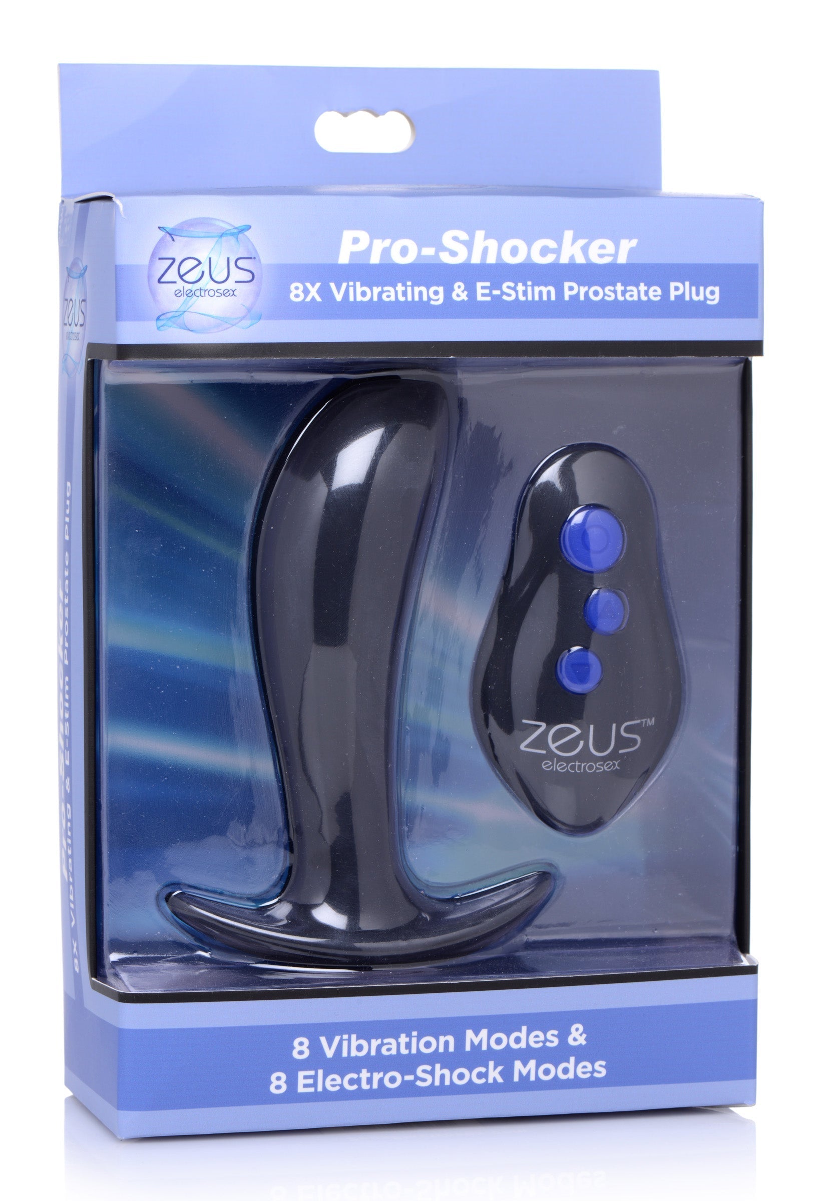 Close-up of the 64x Pro-shocker vibrating and E-stim prostate plug with control unit