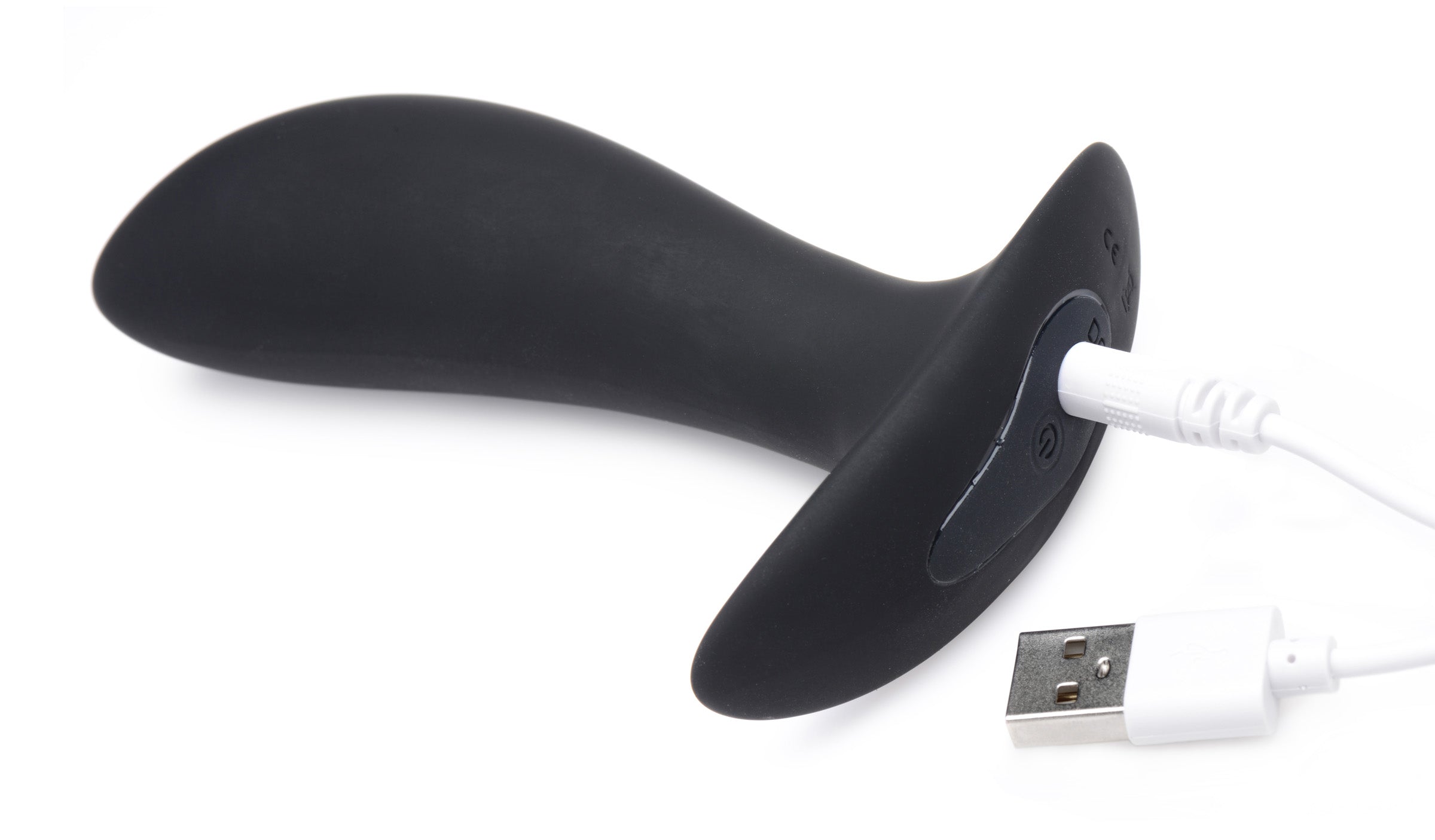 Black and blue Pro-shocker vibrating prostate massager with a USB charging cable