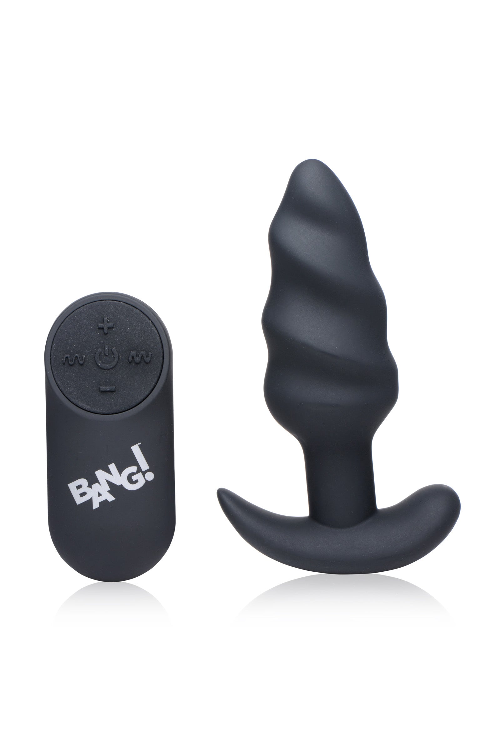 The black silicone swirl butt plug with its wireless remote control