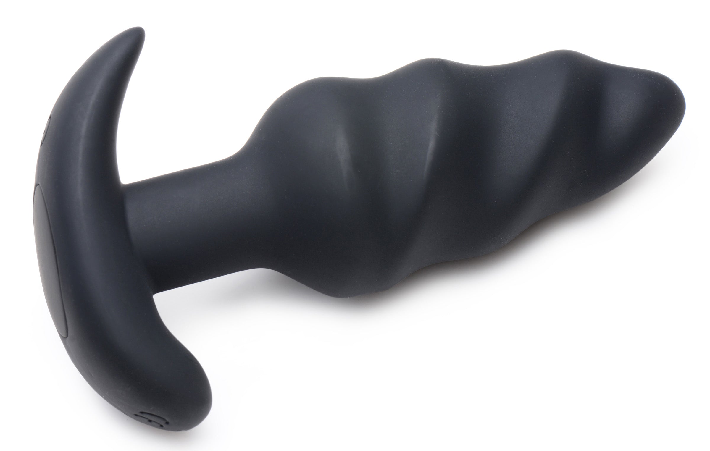 Side view of the black silicone swirl butt plug with ergonomic design