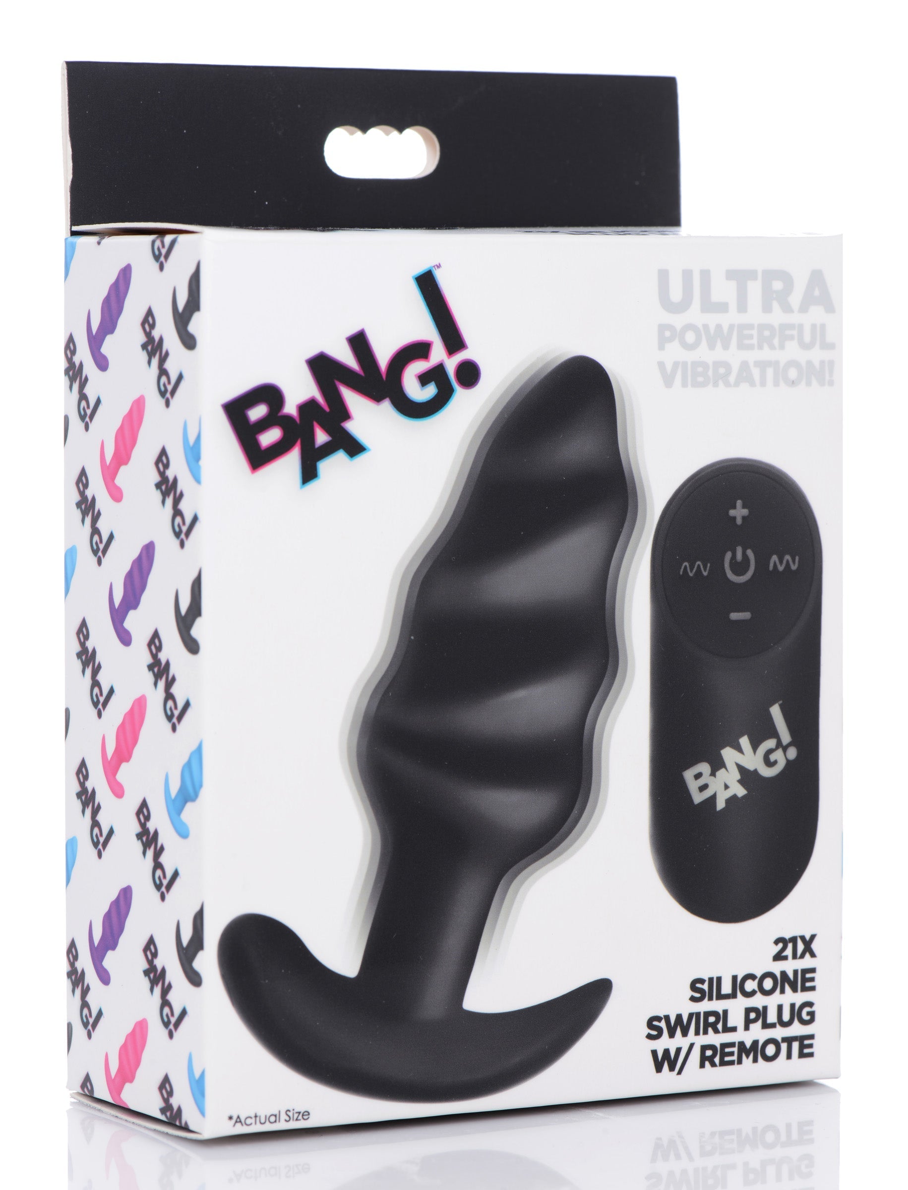 The Remote Control 21x Vibrating Silicone Swirl Butt Plug in its original packaging