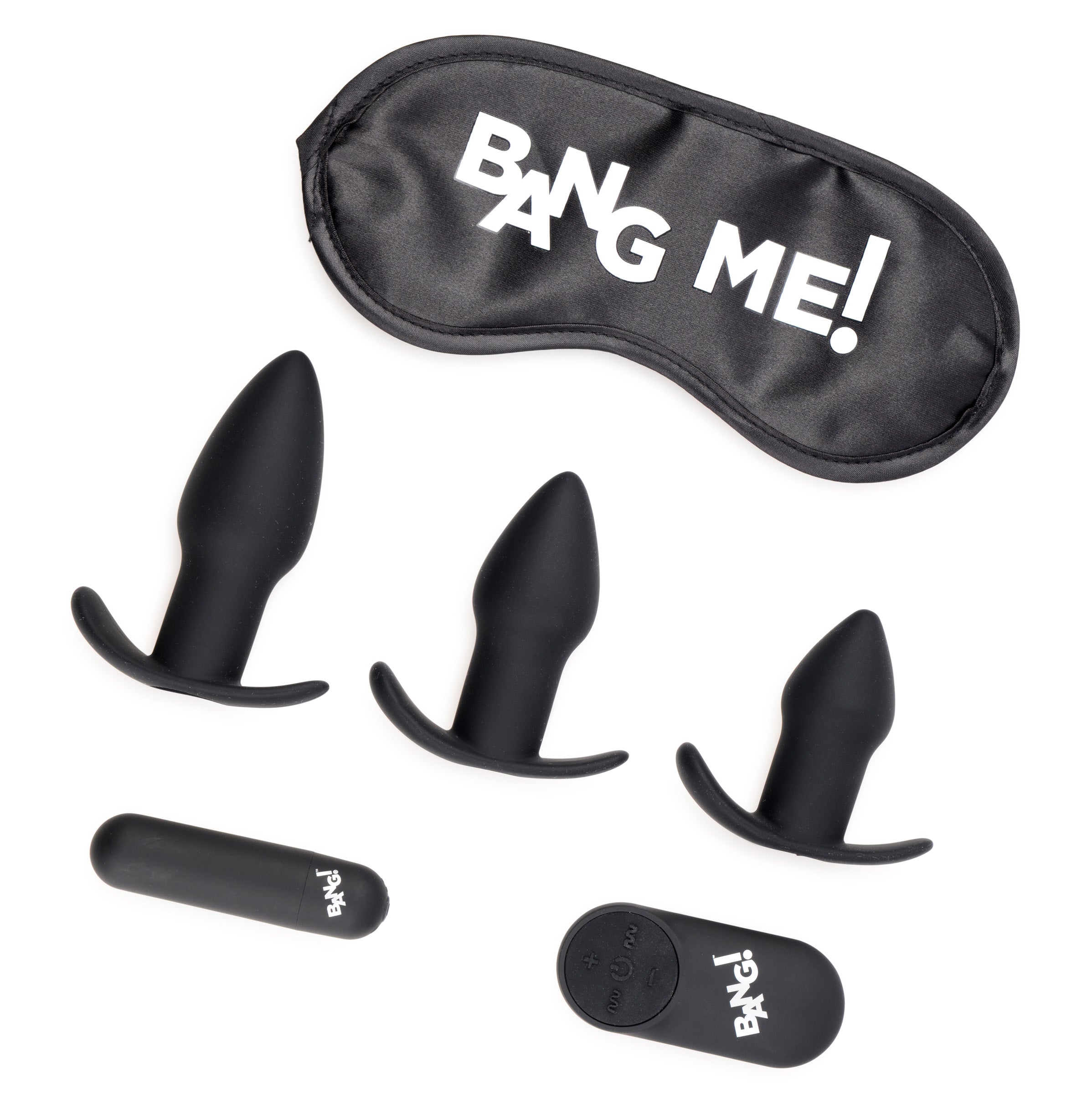 Complete Backdoor Adventure vibe kit with Bang Me" sleep mask and black sex toys"