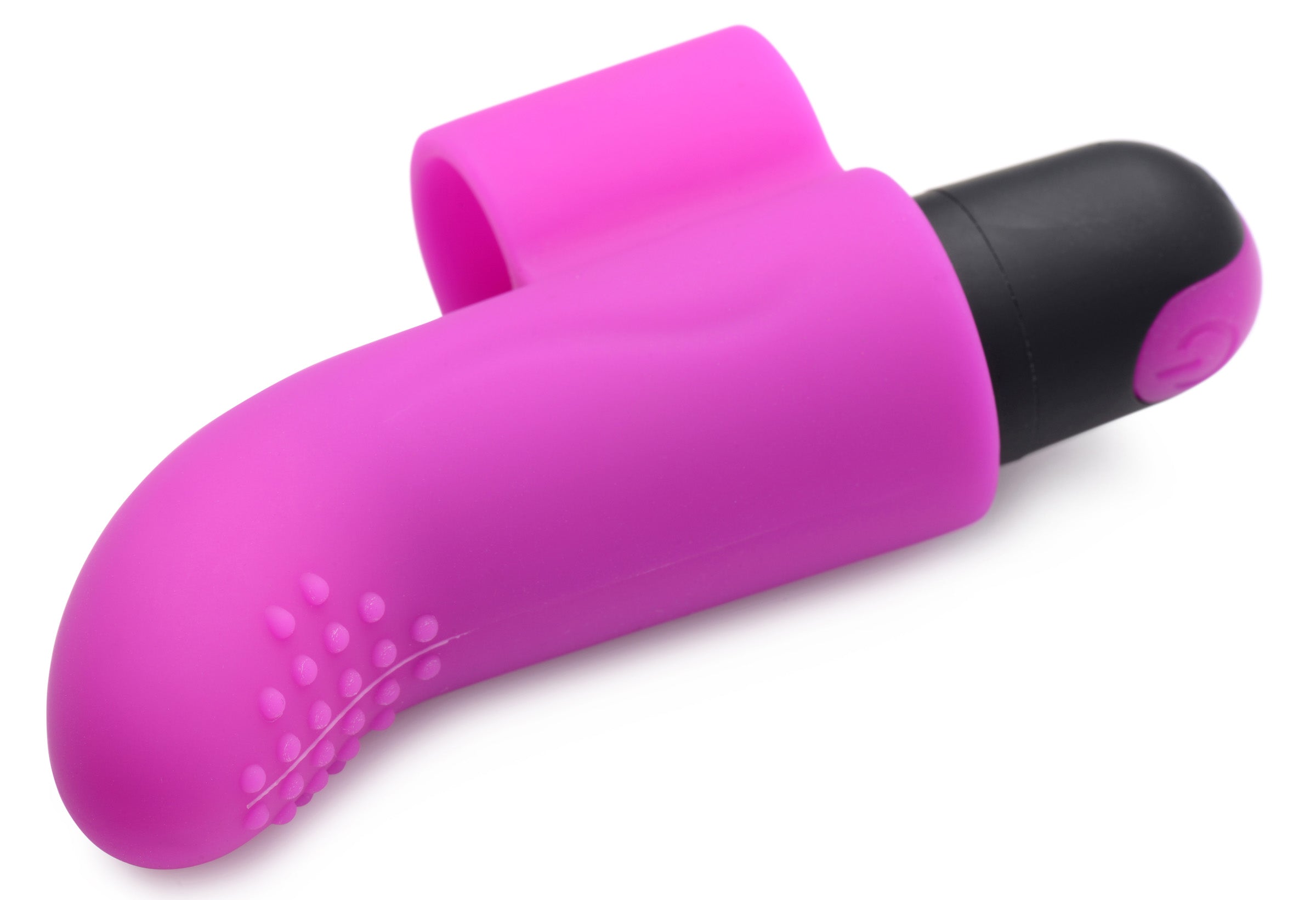 Close-up view of the pink vibrator with a black handle from the Couples Vibe Kit