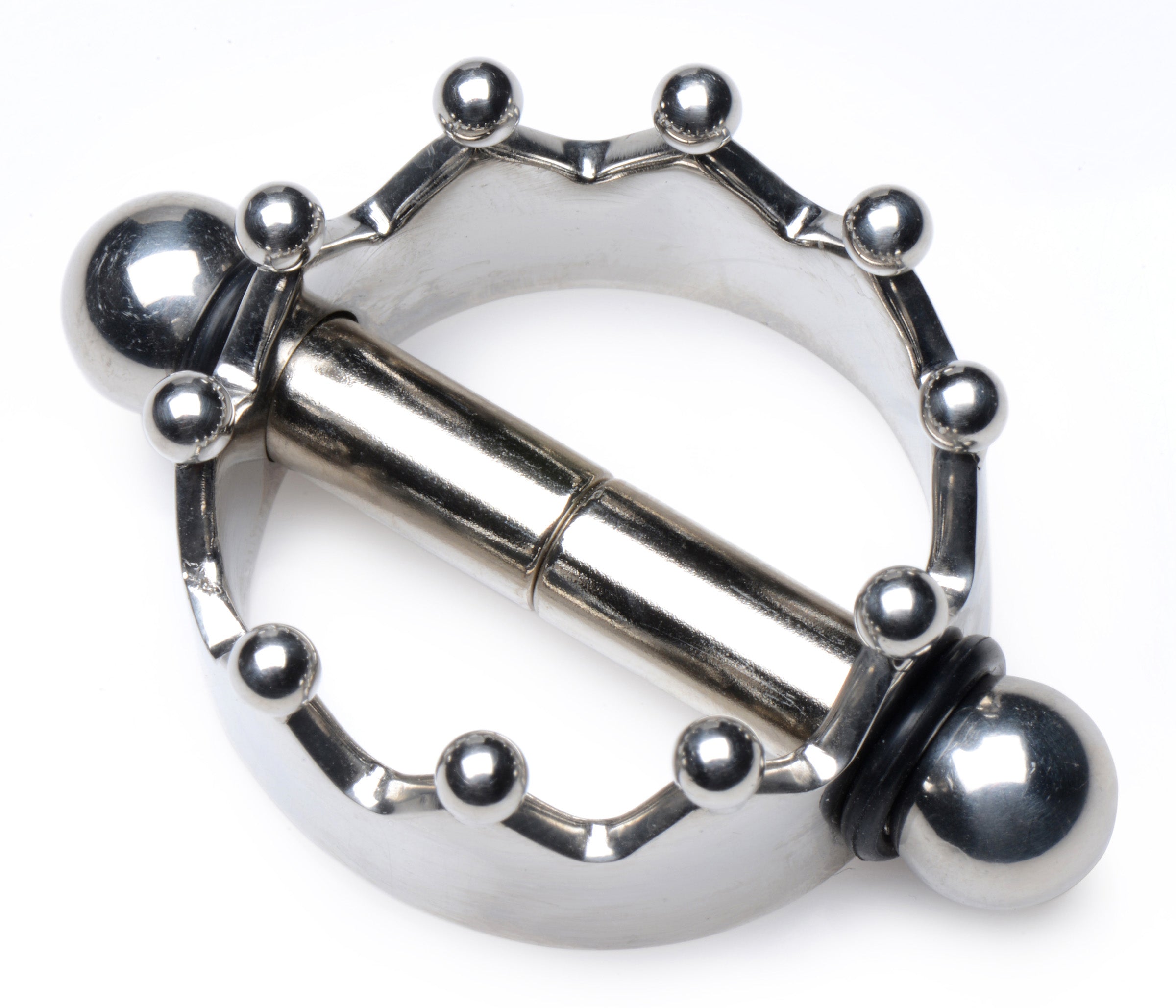 Detailed image of a single Crowned Magnetic Nipple Clamp with ornamental spheres