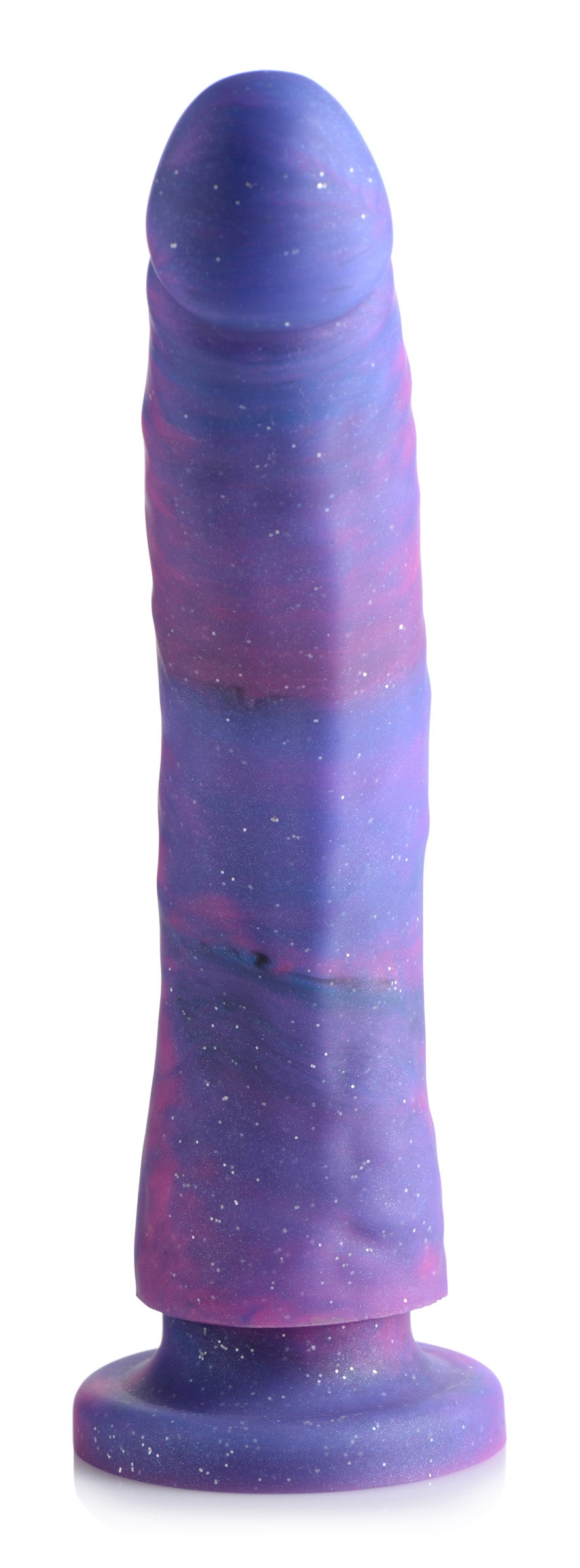 A glittery purple and blue silicone dildo with a smooth texture