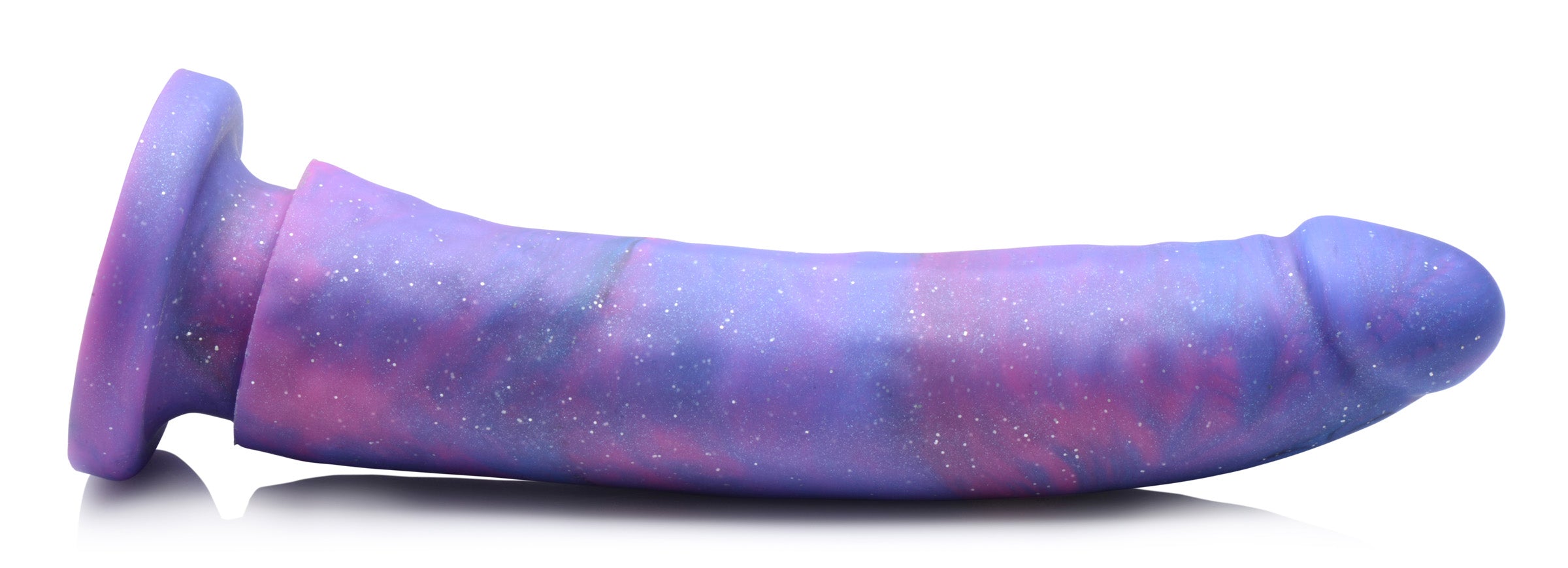 The silicone dildo with a cosmic galaxy pattern in purple and blue