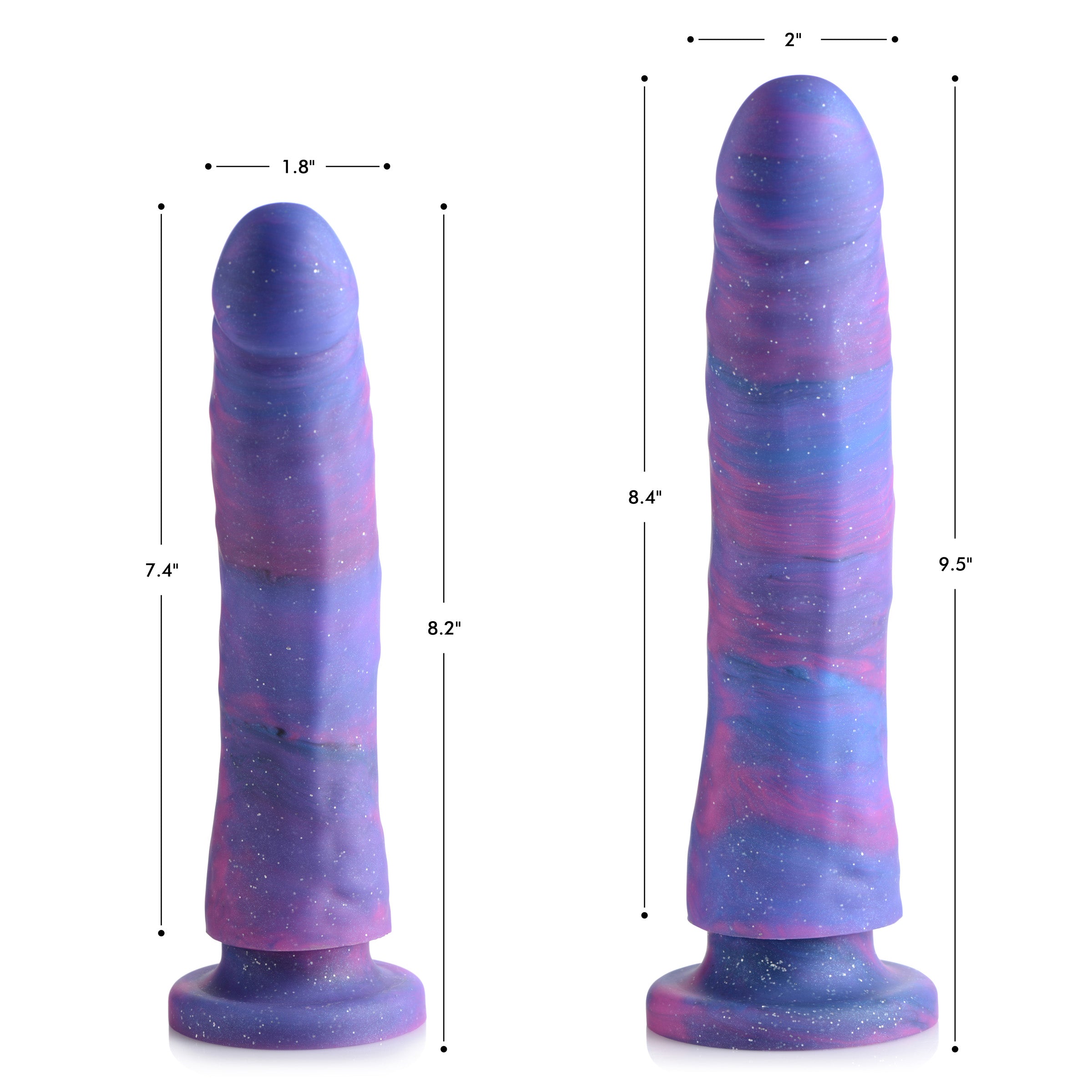 A pair of Magic Stick Glitter Silicone Dildos displayed side by side