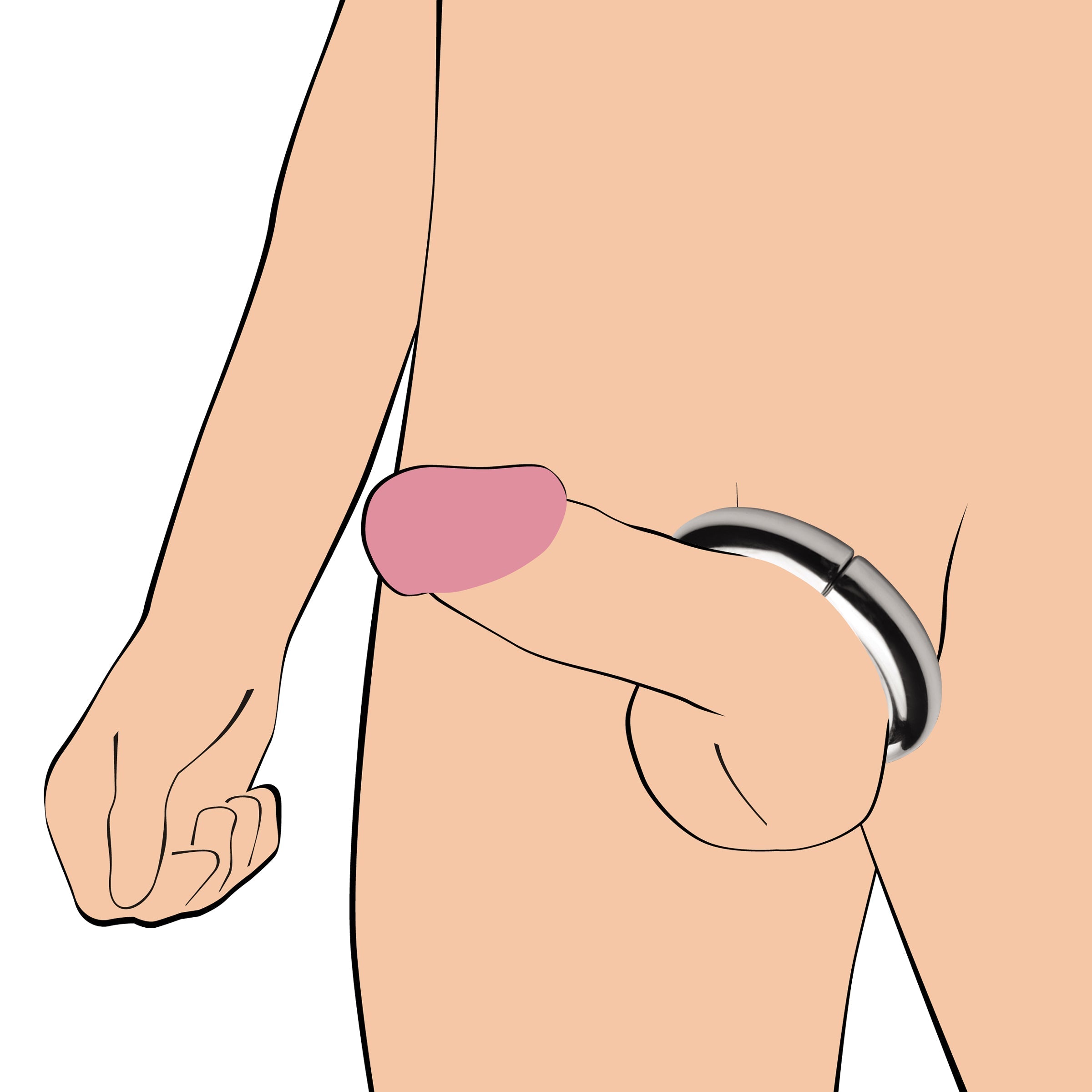 Illustration of a man demonstrating the placement of a magnetic cock ring