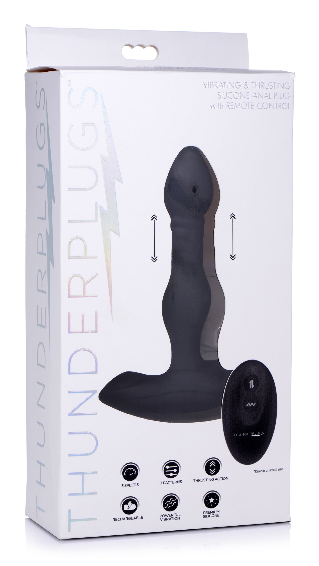 Vibrating and thrusting anal plug in its original packaging