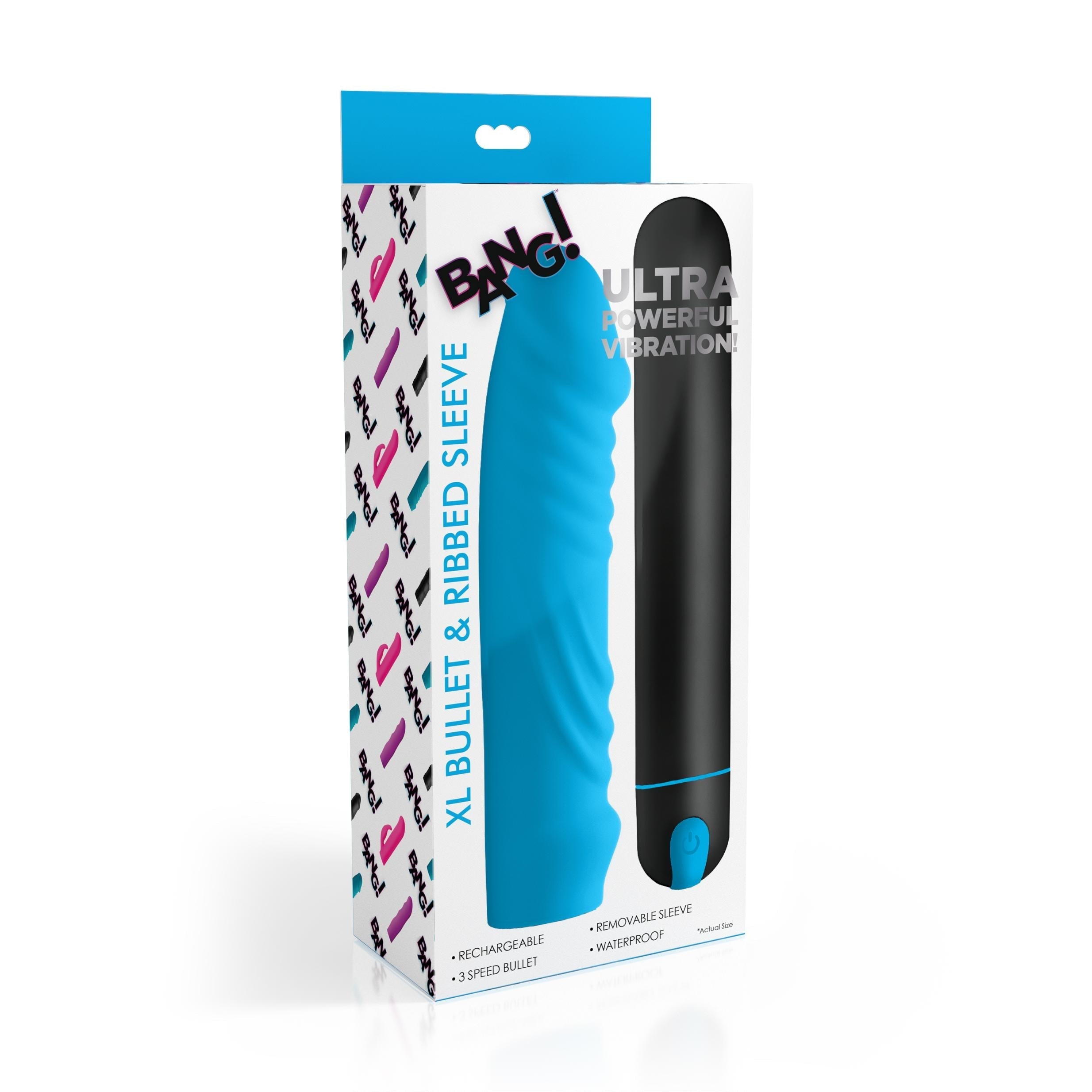 The black and blue XL Silicone Bullet vibrator shown inside its original packaging