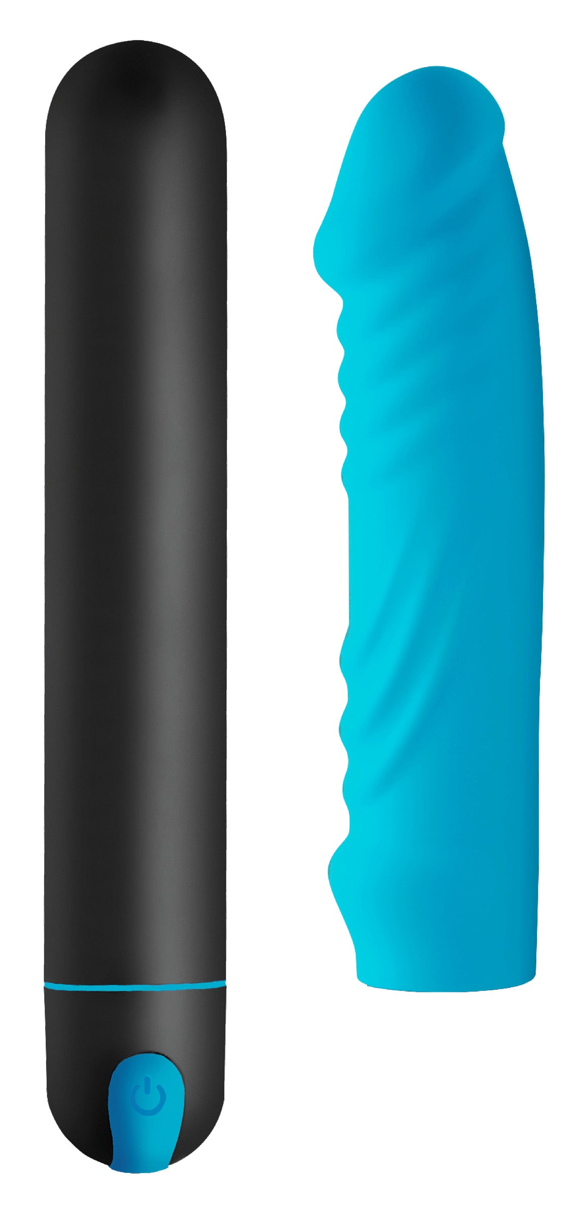 XL Silicone Bullet with ribbed sleeve in black and blue colors displayed beside each other