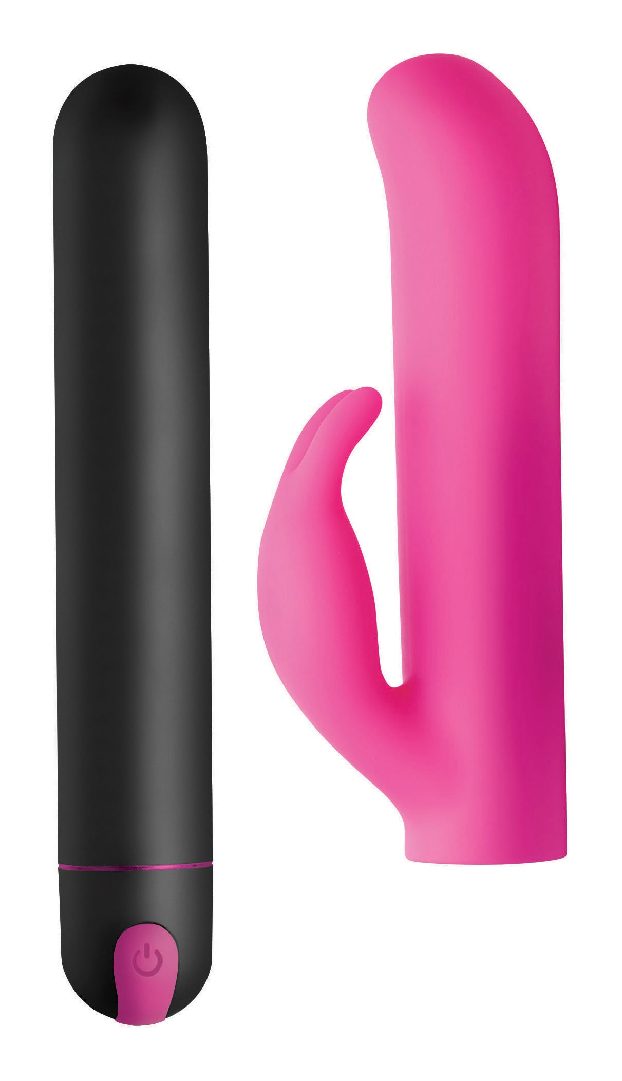 Black and pink XL bullet vibrator with rabbit sleeve displayed side by side