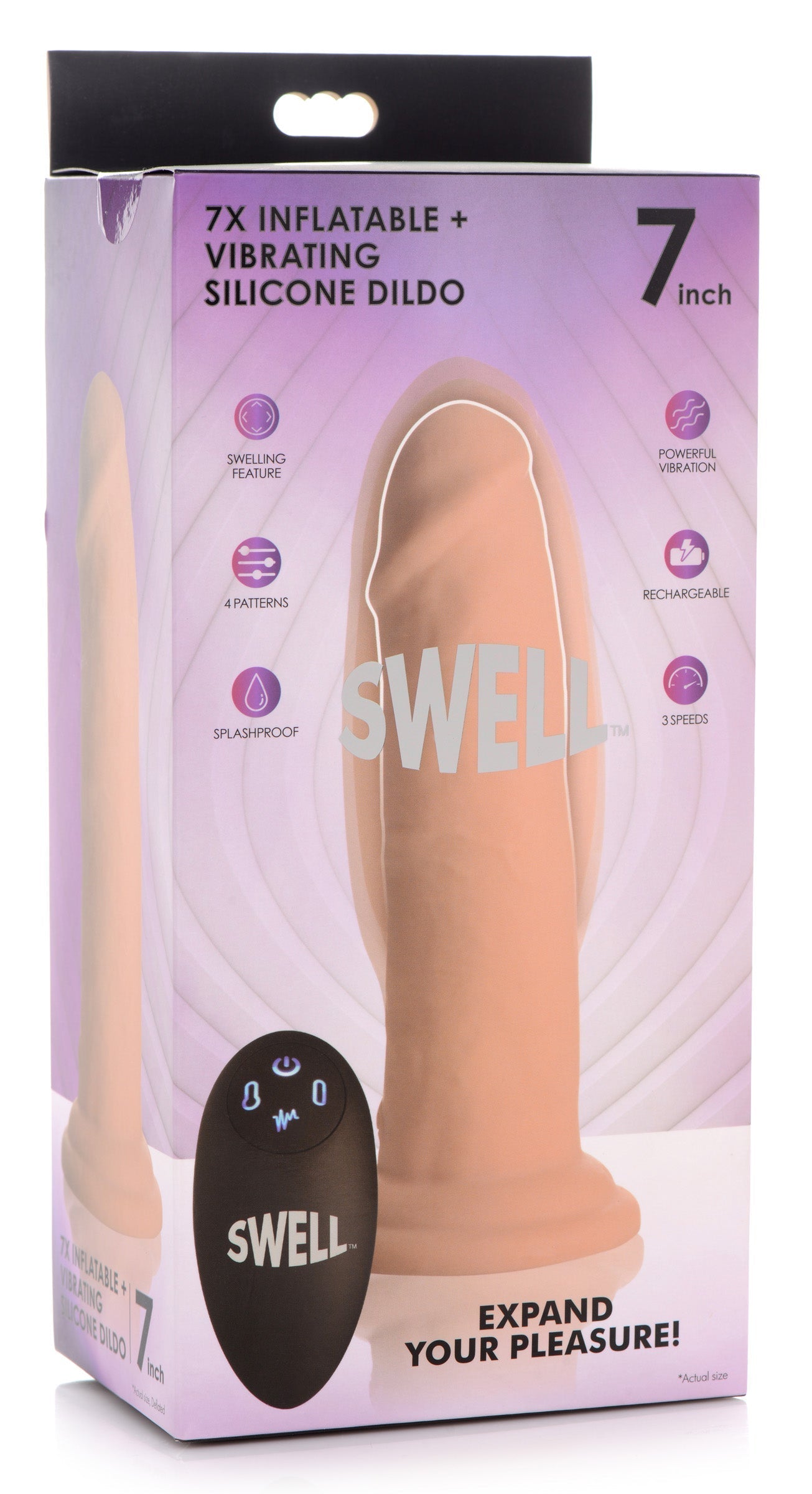 Packaged 7x inflatable and vibrating silicone dildo in its box