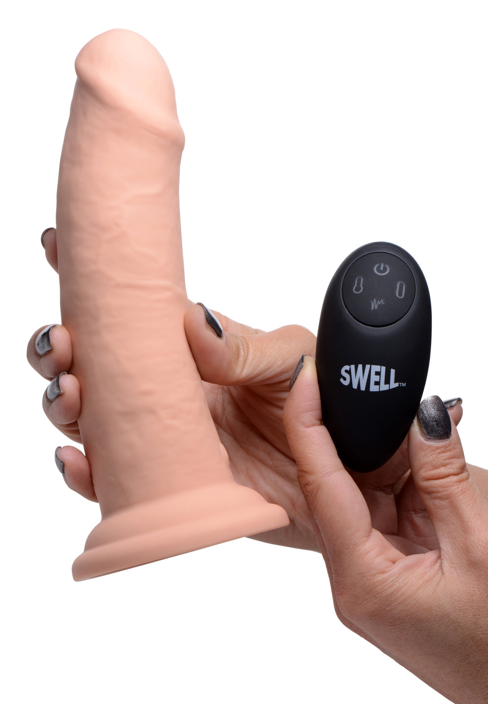 Hand holding the remote control for the 7x inflatable silicone dildo