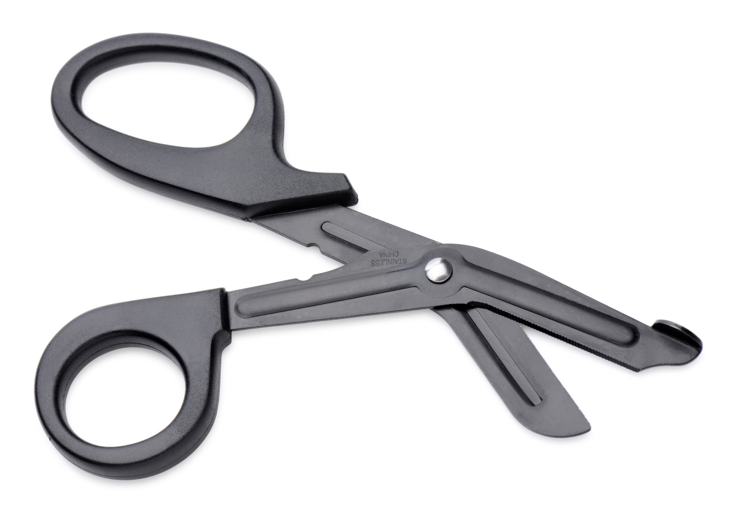 Black heavy-duty scissors designed for bondage safety on a white background