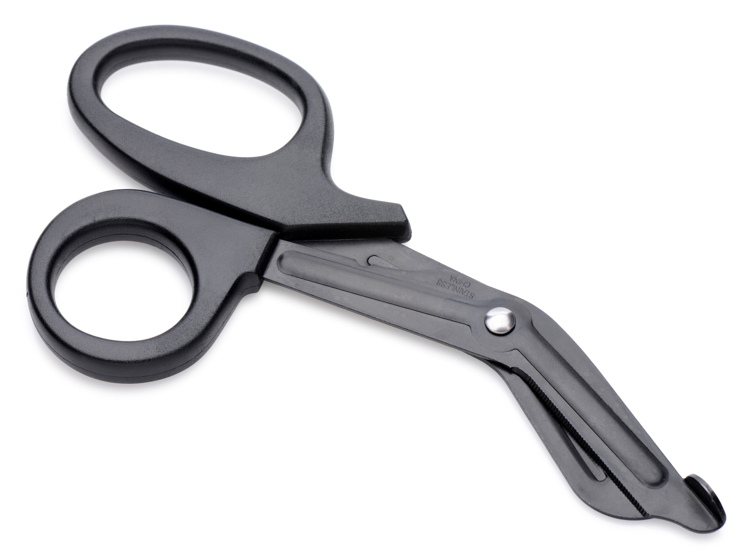 Close-up of black safety scissors for bondage on a pristine white background