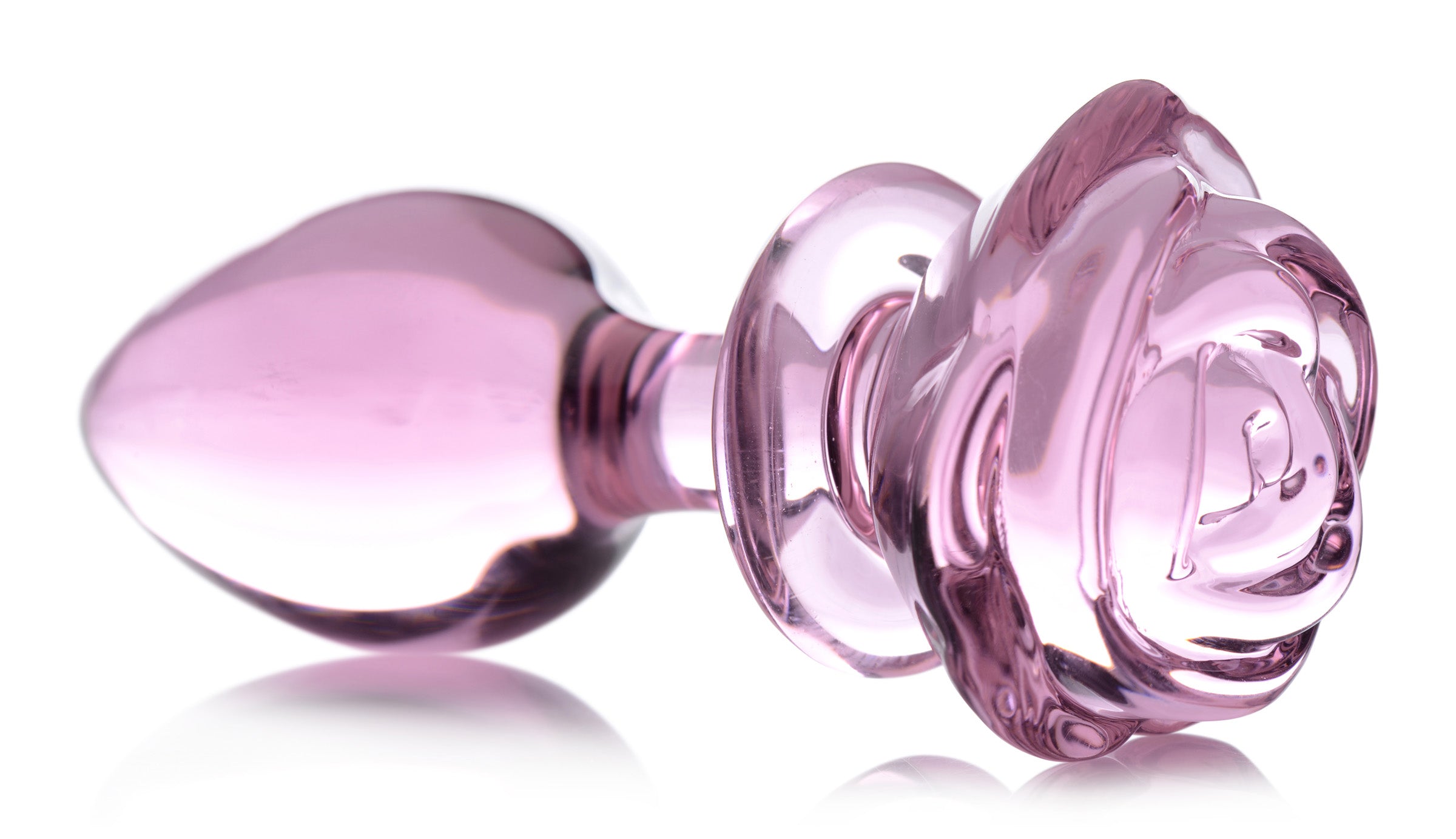 Close-up of the top of a Pink Rose Glass Anal Plug