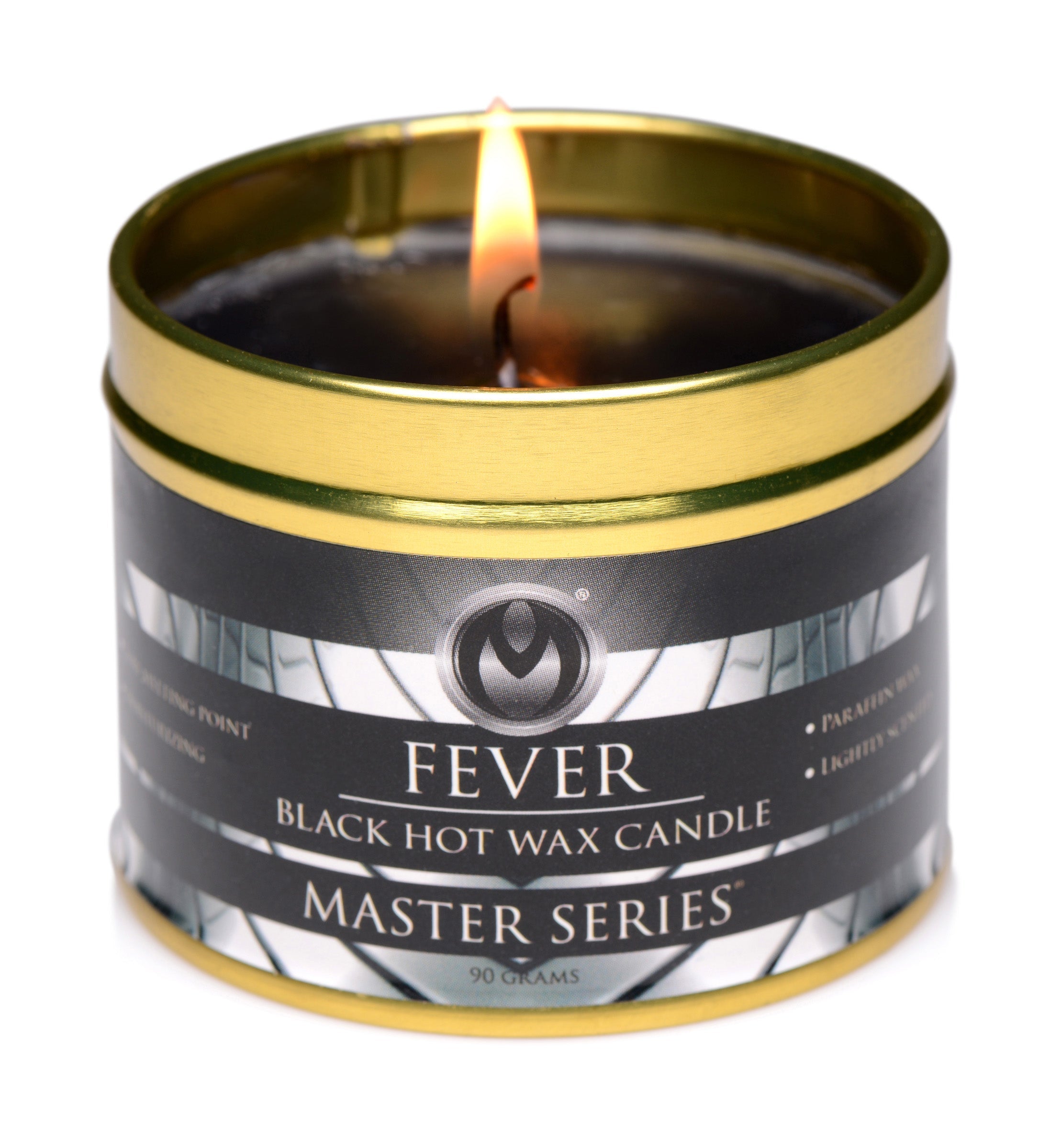 Close-up of the Fever Hot Wax Candle in Black with branding visible