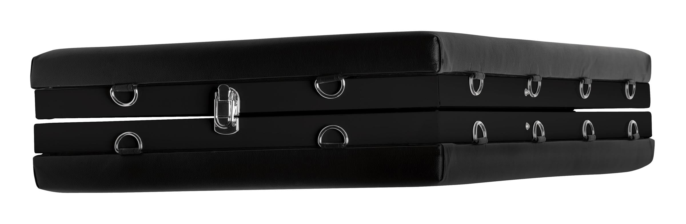 Portable black case with specialized compartments for bondage gear