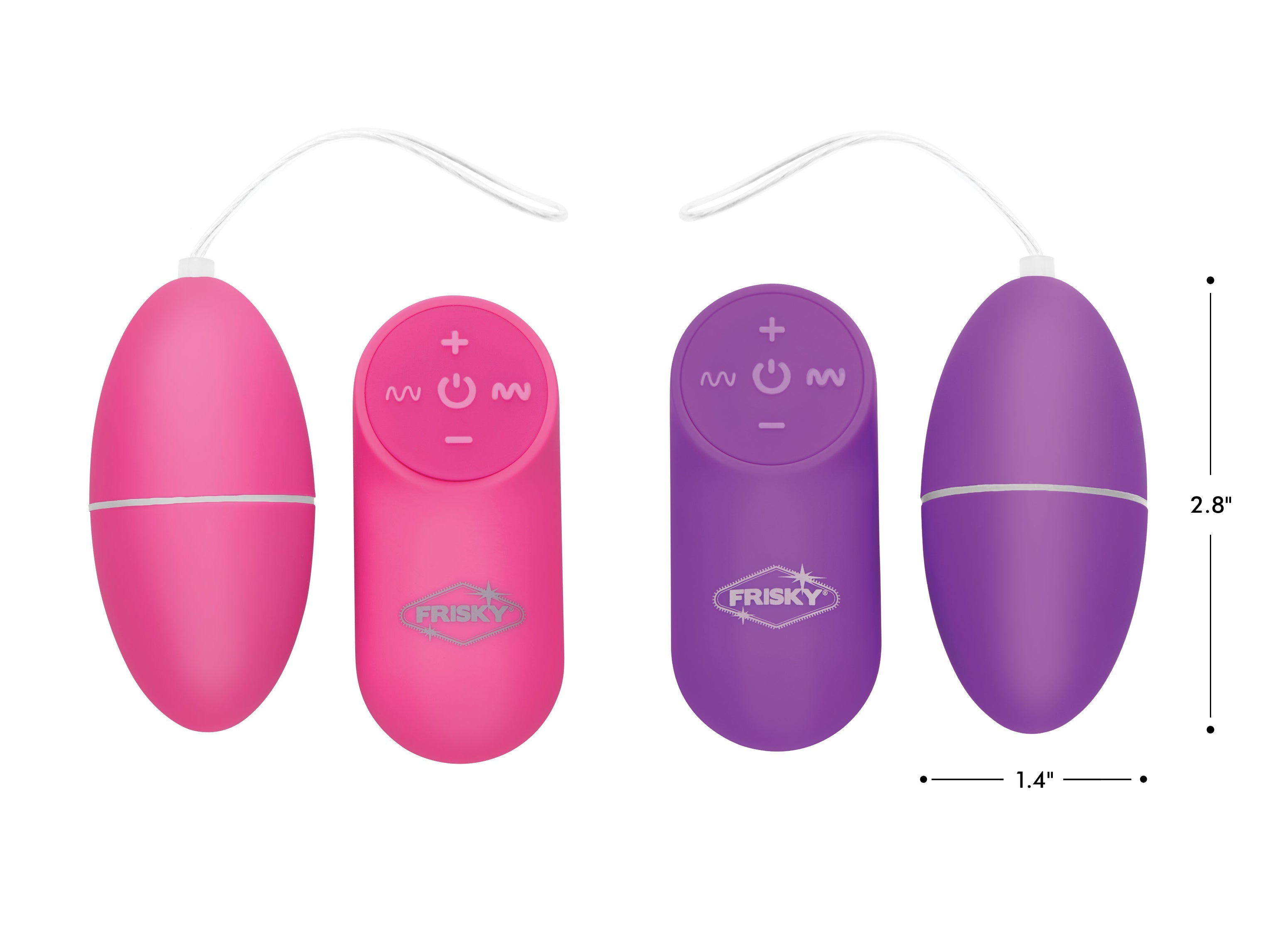 Size comparison of Scrambler vibrating eggs in purple and pink